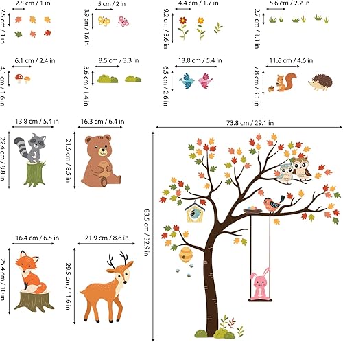 Miniatura 6 de DECOWALL SG-2208 Calcomanías de pared de árboles y animales, para guardería, niños, otoño, dormitorio, habitación de bebé, bosque, ciervo, bosque,