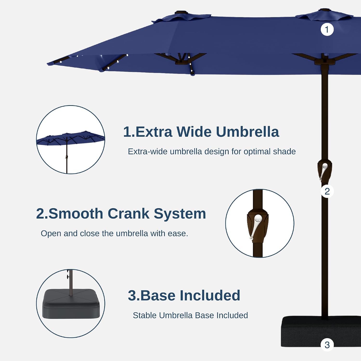 13FT Double-Sided Patio Umbrella with 48 Solar LED Lights, Large Rectangular Outdoor Market Umbrella with Crank Handle, Vented Canopy, Heavy-Duty 12 Rib Steel Frame, for Backyard, Garden, Pool, Navy