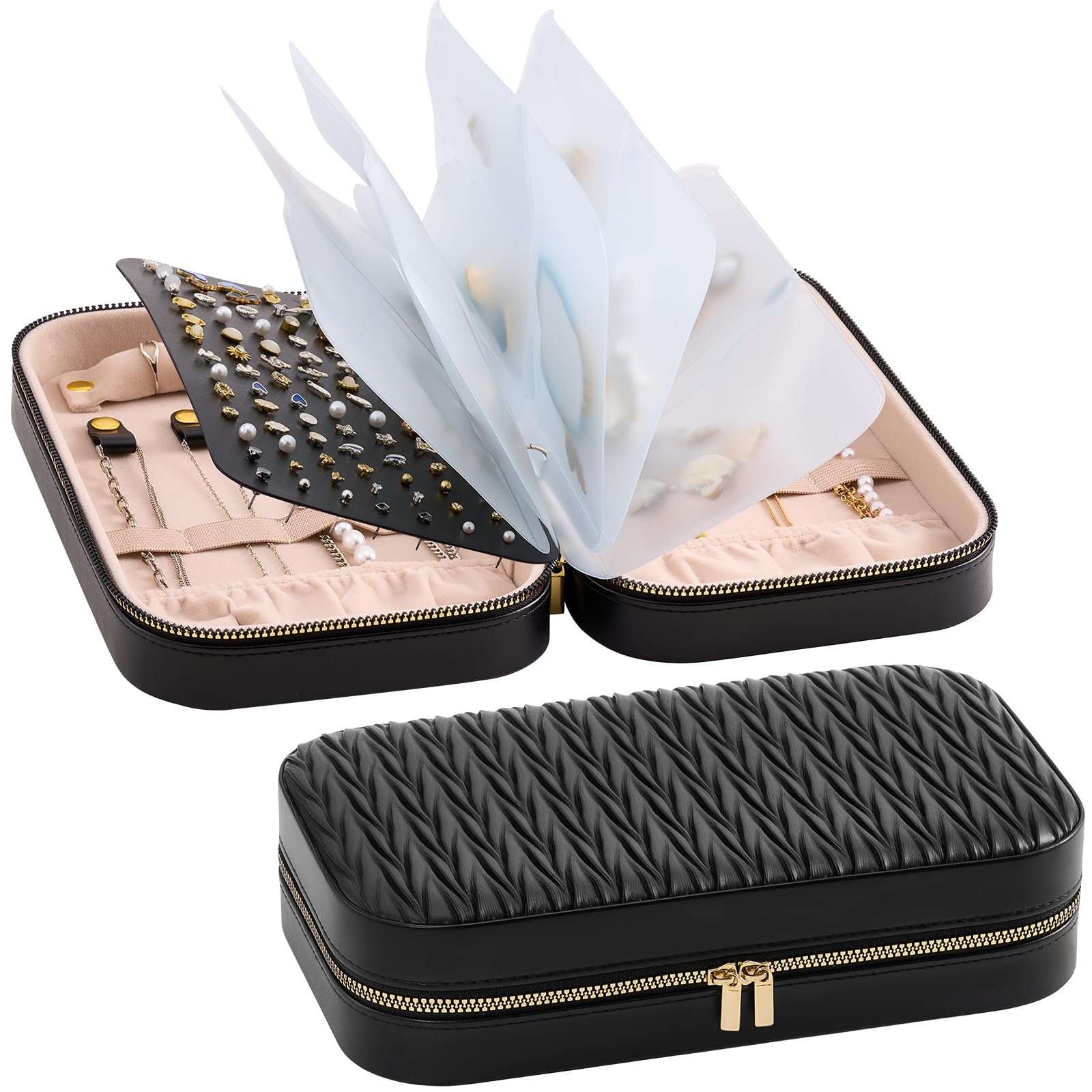 Lolalet Large Jewelry Organizer, Jewelry Storage Case with Pocket, Earrings Necklaces Bracelets Ring Zippered Storage Pouch for Women -Black