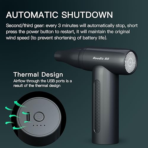 Miniatura 9 de Plumero de aire comprimido, mini plumero de aire eléctrico de 110000 RPM, plumero de aire inalámbrico de bajo ruido, reemplaza la lata de aire