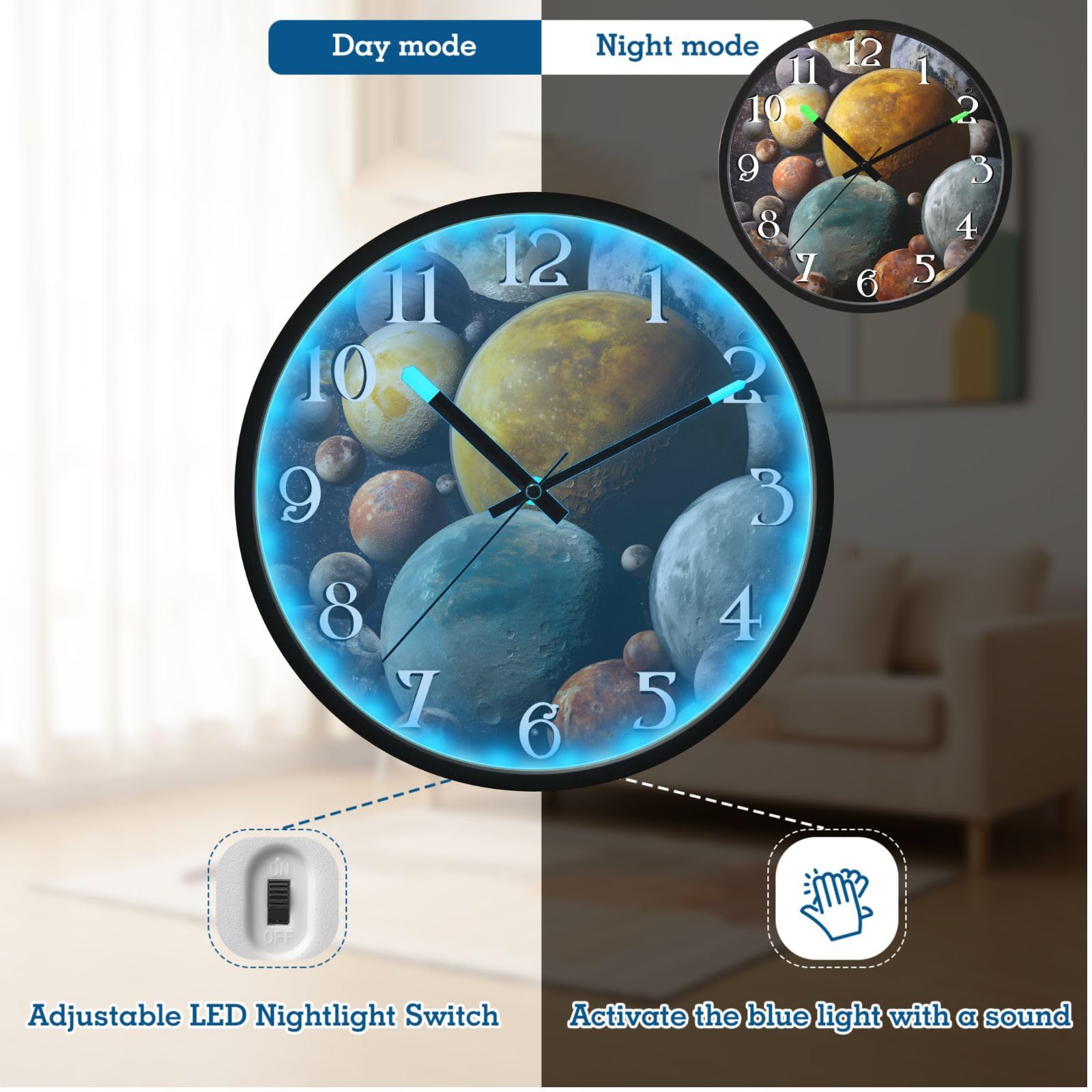 Mnsruu Planetas Lunas Espacio Galaxia Reloj de pared luminoso Reloj de dormitorio funciona con pilas, reloj silencioso que brilla en la oscuridad para sala de estar y cocina, 30,5 cm