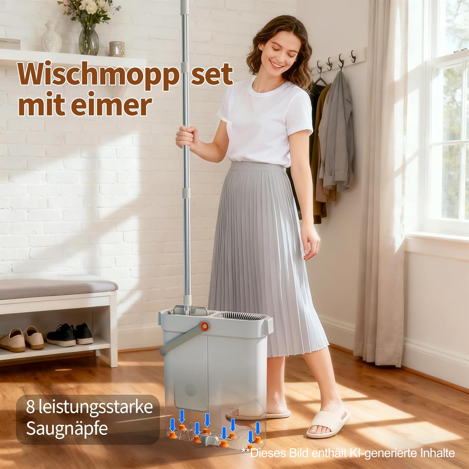 CTIME Kit de serpillère avec seau, seau plat mains libres avec serpillère, kit de nettoyage pour le sol avec 2 serpillères en microfibre, utilisation humide et sèche, système de nettoyage des sols (33