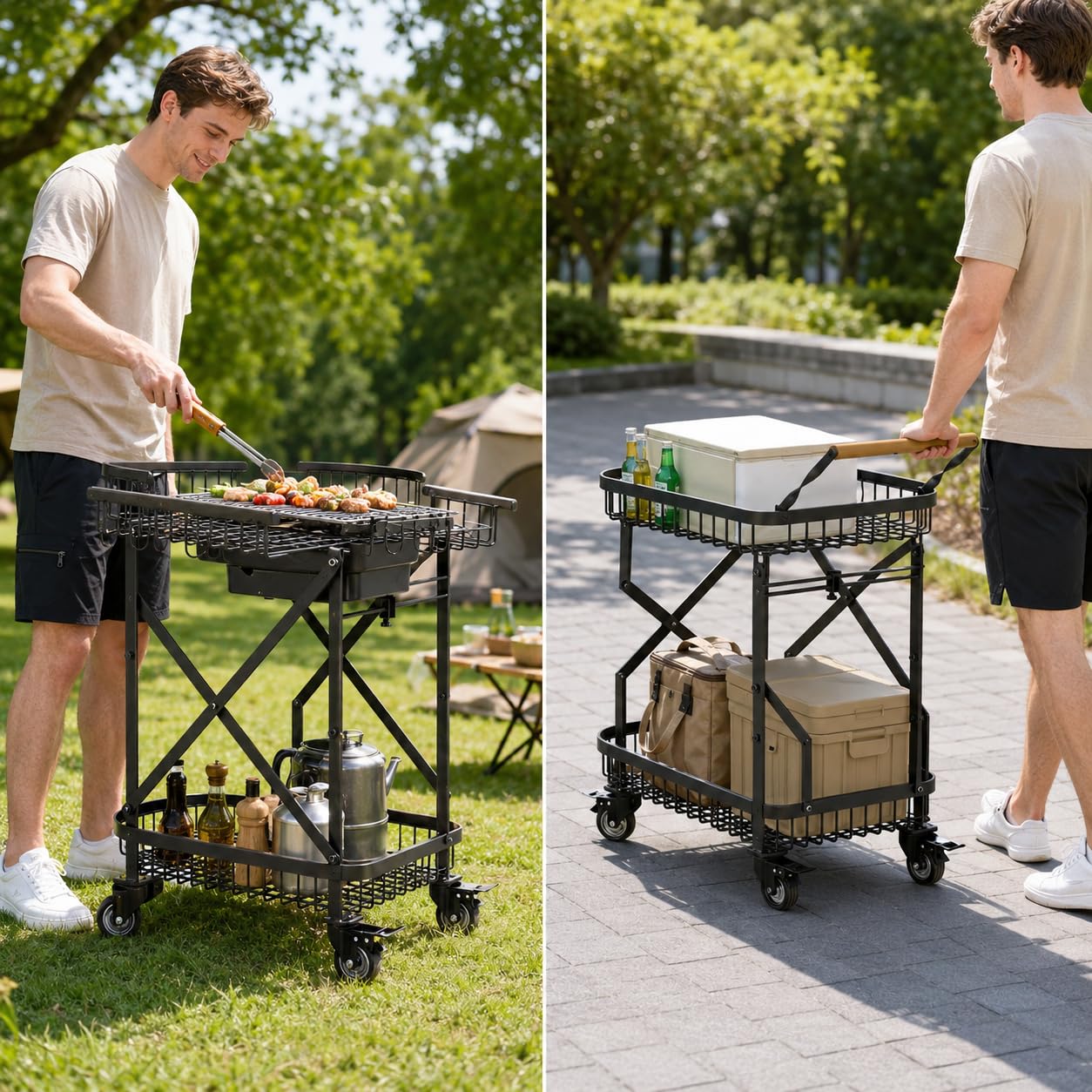 Barbacoa Carbón Portátil, Parrilla Barbacoa Exterior con Ruedas, Carrito Acero y Madera, para Camping y Jardín, Carro de barbacoa con parrilla y ganchos (semi-ensamblado)