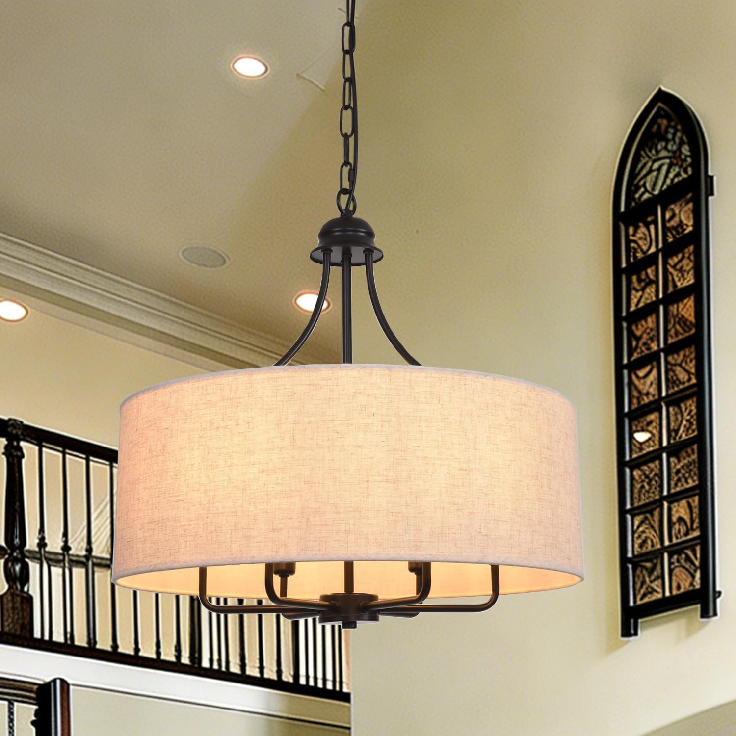 6-Light Large Drum Chandeliers 23.62' Farmhouse Pendant Light Fixture with Linen Fabric Shade Drum Modern Pendant Light for Kitchen Island Lighting Beige Linen Fabric Lampshade