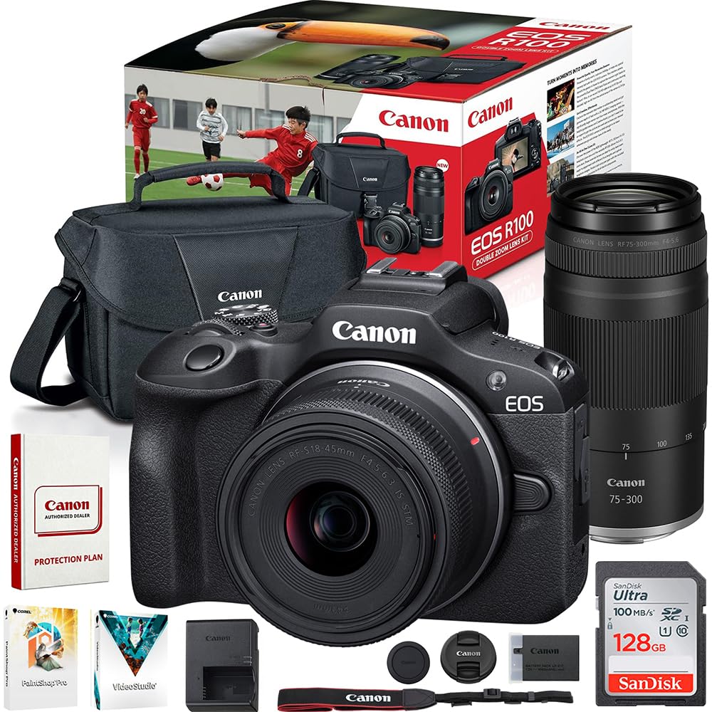 Canon EOS R100 Camera Double Zoom 2 Lens Kit w/RF-S 18-45mm + RF 75-300mm Lenses 6052C111 Bundle with Deco Photo Kit Including Lexar Premium PRO Series 64GB SDXC Memory Card + Corel Photo Video Suite-picture-17