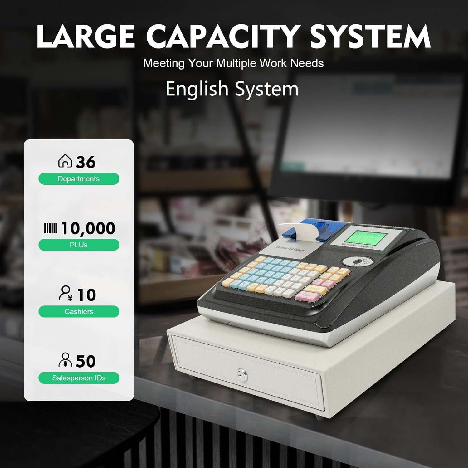 Caja registradora electrónica, versión inglesa con cajón de efectivo, 48 teclas, doble pantalla LED, caja registradora, varios métodos de pago, caja registradora electrónica para restaurantes
