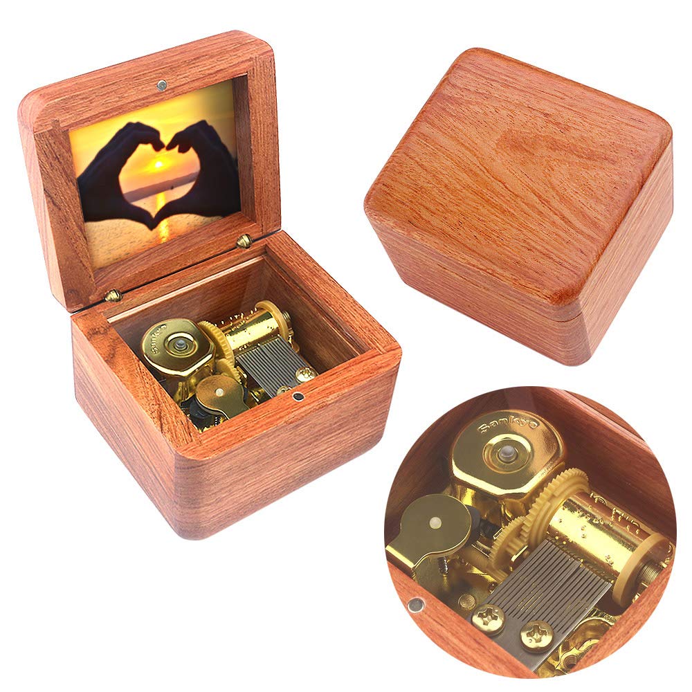 SinzyoNatural Wooden Music Box with Customizable Photos Wind Up Musical Box Gifts for Christmas,Birthday and Valentine's Day(Simple Rosewood, Tone:Kingdom Heart)