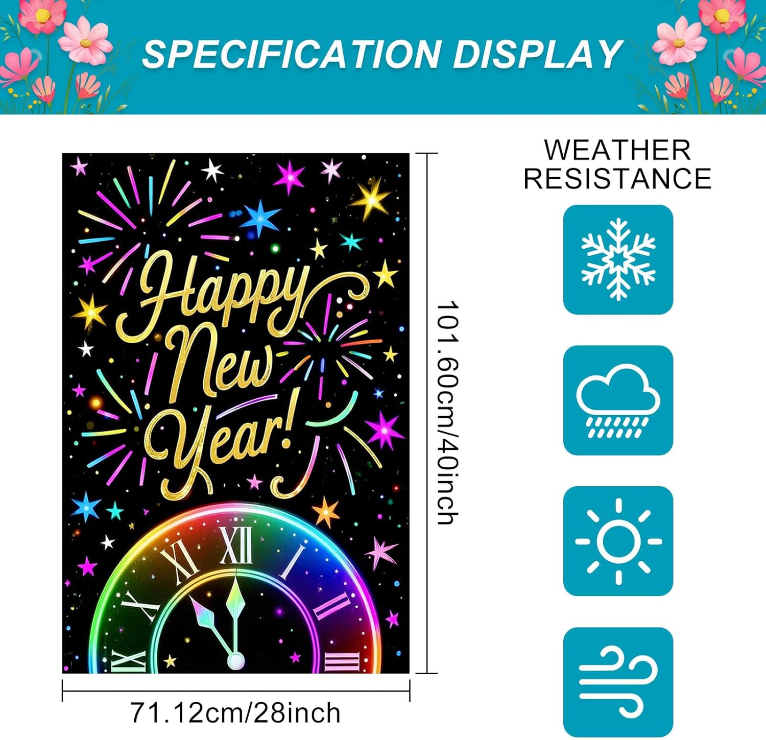 Happy New Year House Flag 28x40 Inch Colorful Fireworks and Clock Design Garden Flag Outdoor Yard Decoration Rainbow Holiday Banner for Home Porch Lawn - Image 3
