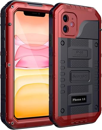 Beasyjoy for iPhone 11 Heavy Duty Waterproof Metal Case - Full Body Protective Shockproof Dustproof Military Grade Rugged Defender Outdoor Case Red