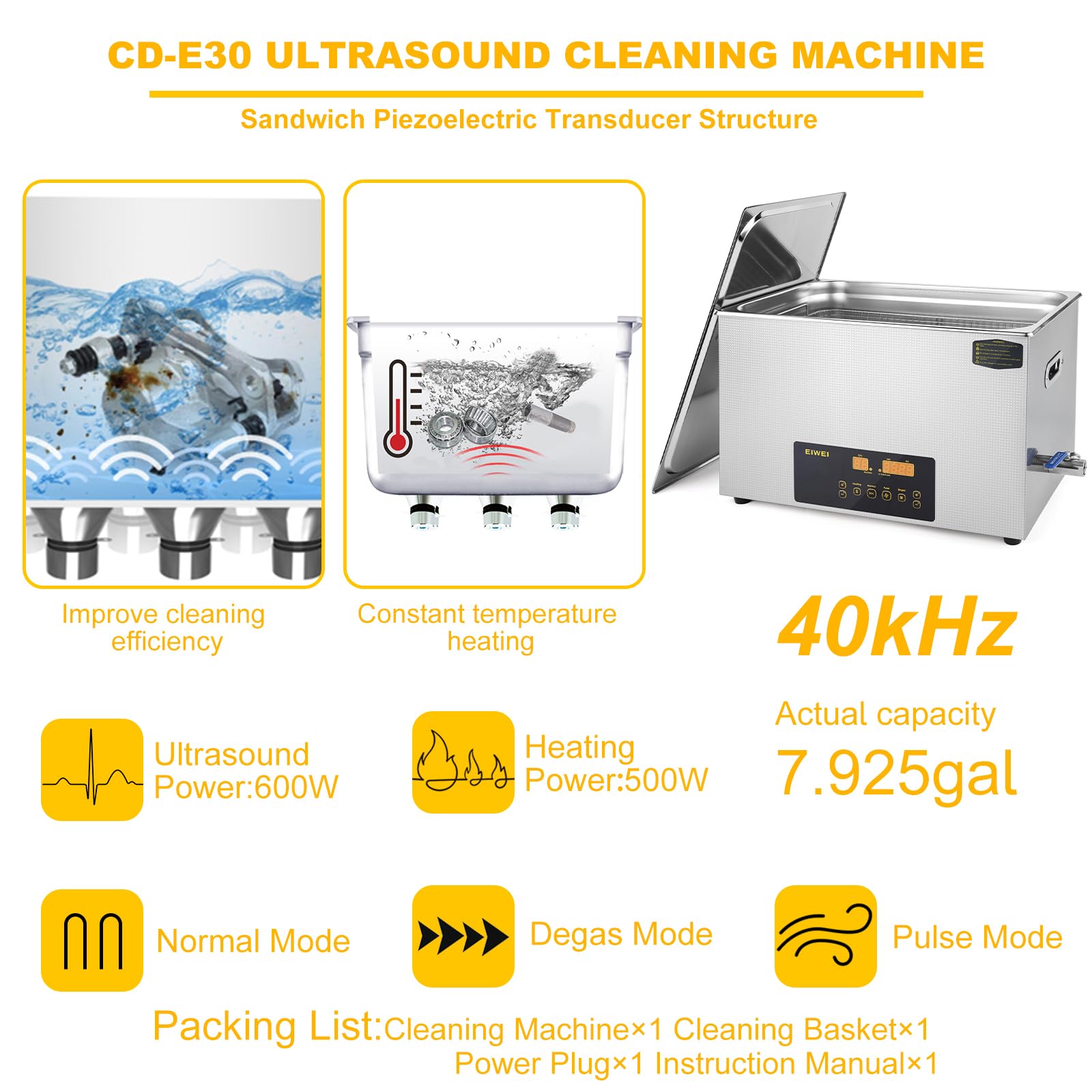 Limpiador ultrasónico, 30 litros, doble frecuencia, profesional, digital, de acero inoxidable, con temporizador de calefacción para carburador, piezas, placa de circuito impreso, gafas