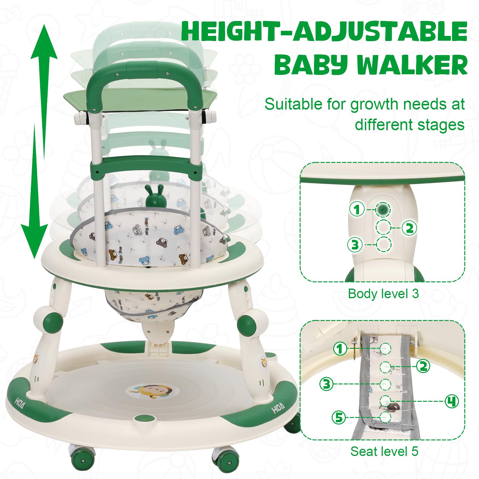 Trotteur Bébé Evolutif 3en1, Jumper Bébé en Roues Silencieuses à 360°, Centre de Jeux, Table à Manger et Accoudoirs, Réglable en Hauteur, Trotteur Bebe Fille/Garçon de 6 Mois Pliable, Vert