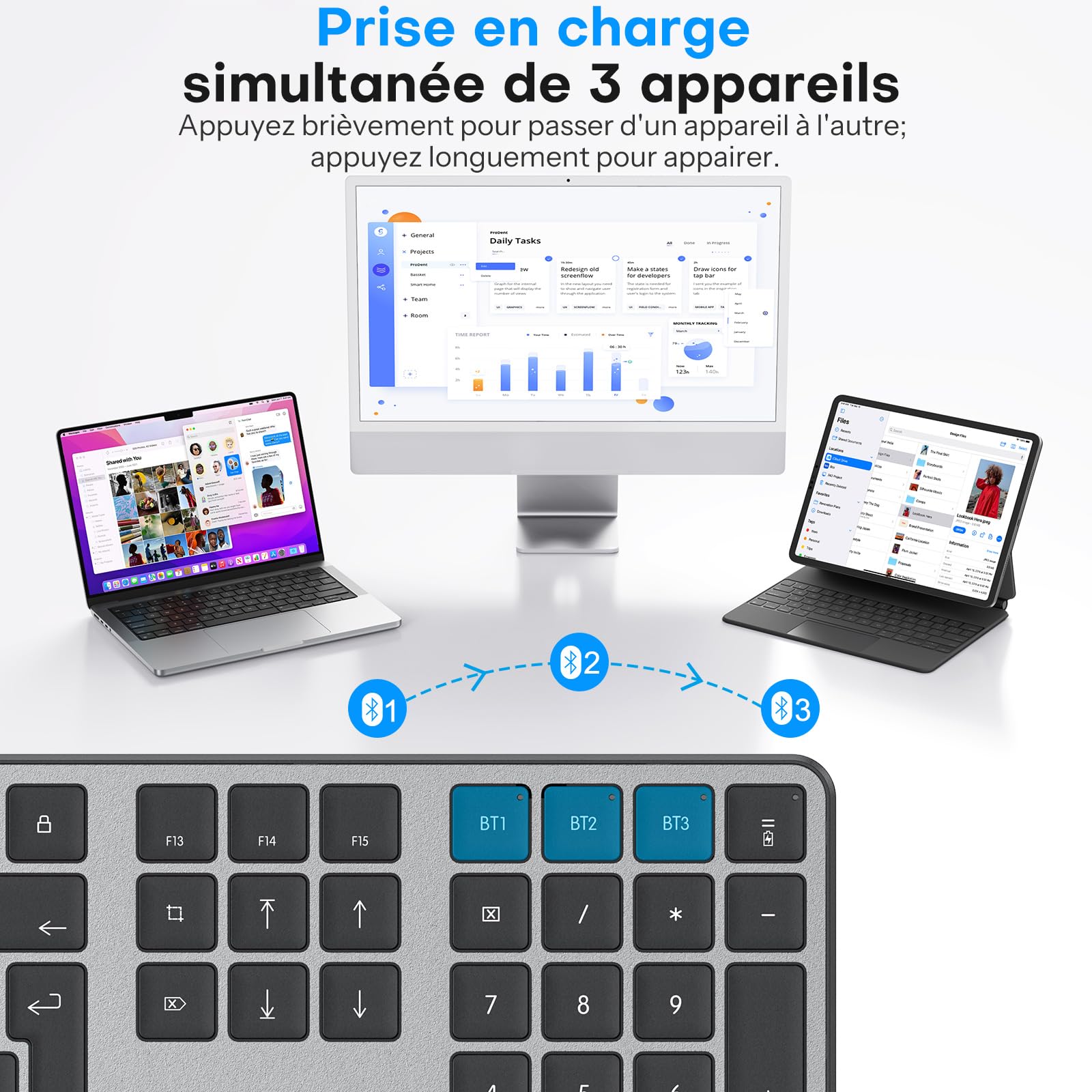 OMOTON Kit Clavier et Souris sans Fil Bluetooth pour Mac Rechargeable, Gris | AZERTY Français, 3 Canaux Bluetooth, Ultra Slim, Clics Silencieux, pour Apple Mac Pro/Mini, MacBook Neo/Air, iMac, iMac Pro