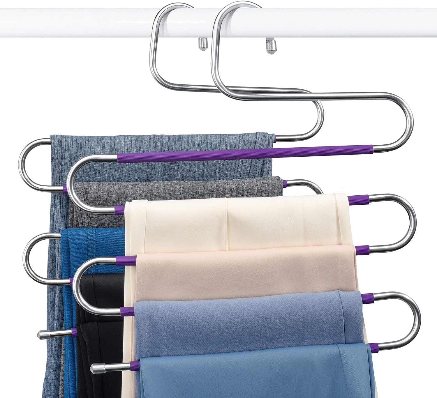 HOUSE DAY Magic Pants Hangers Space Saving - 6 Pack Wood Trousers Hangers for Closet Organizer - Jeans Hangers Scarf Rack Non-Slip Hangers - Pants Ties Leggings Hanger Space Saver Closet Organization