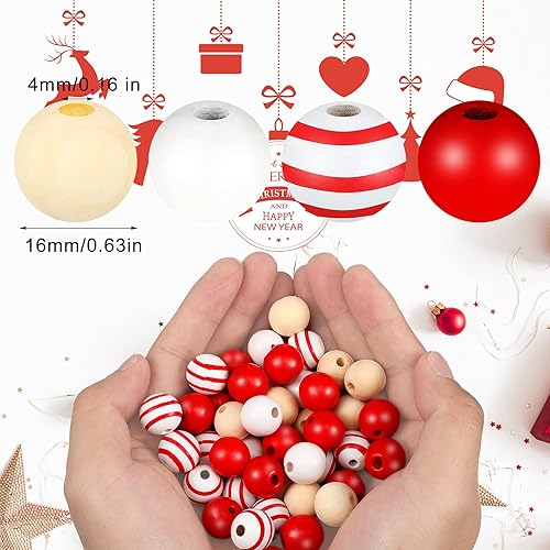 Miniatura 4 de 160 cuentas de madera de Navidad para manualidades, cuentas de madera natural de 0.630in, hechas a mano, espaciador pulido, cuentas bohemias