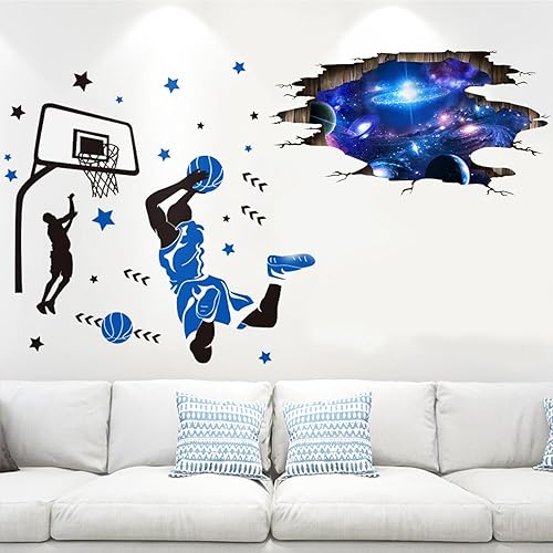 OCXEQJX Calcomanías 3D para pared, diseño de la Vía Láctea, color azul, galaxia, jugador, baloncesto, estrella, removible, inspirador, arte de