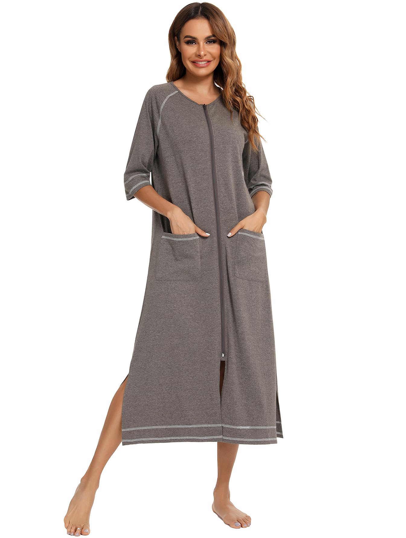 Citridarll Women's Grey Zipper Robe 3/4 Sleeve Housecoat Full Length Casual Nightgown Loose Bathrobe With Pockets, Large