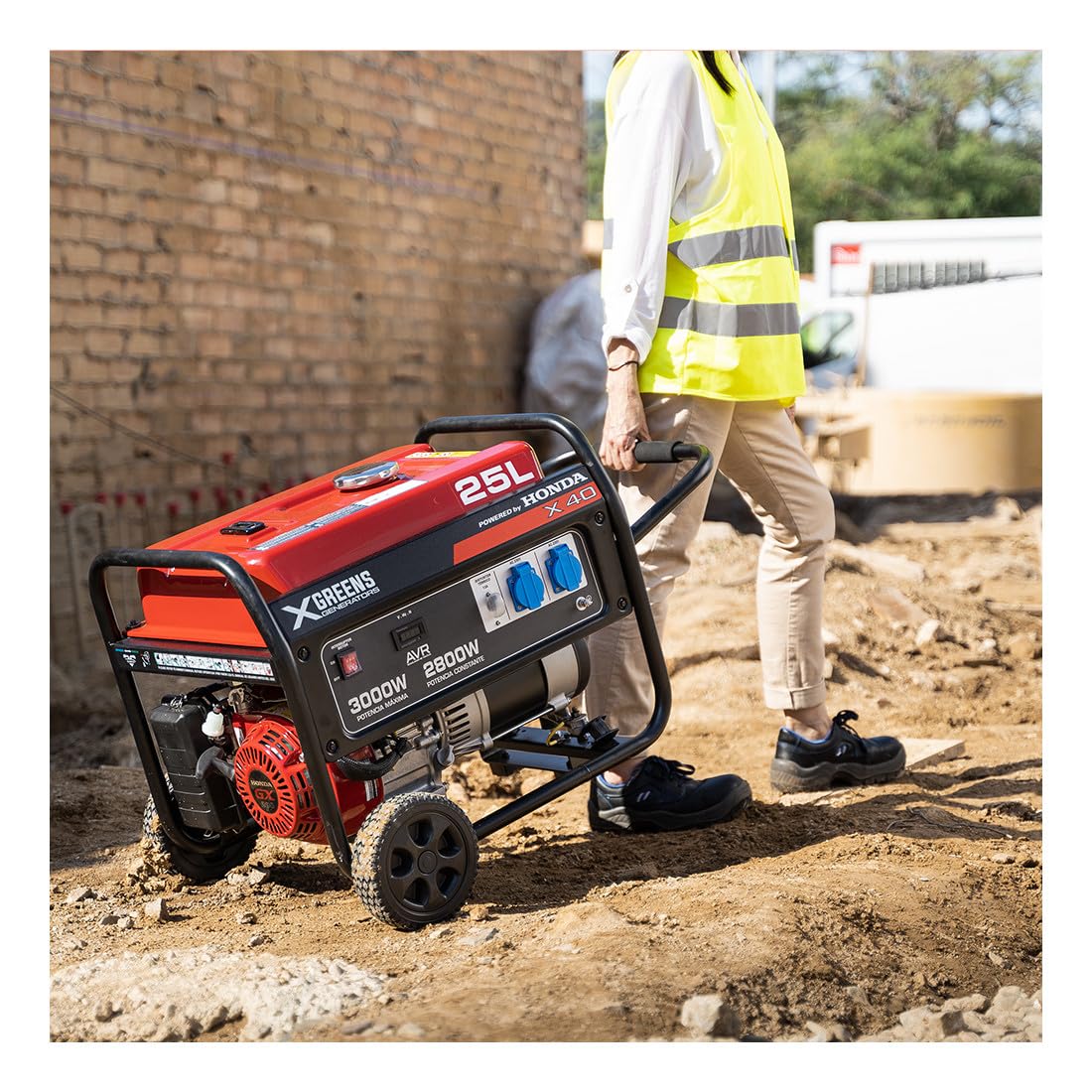 Generador de corriente (gasolina) X40 (máx. 3.000W, depósito 25 l, AVR, Powered by Honda, ruedas, alerta aceite, monofásico, 2 tomas 230V, protección térmica y panel digital)