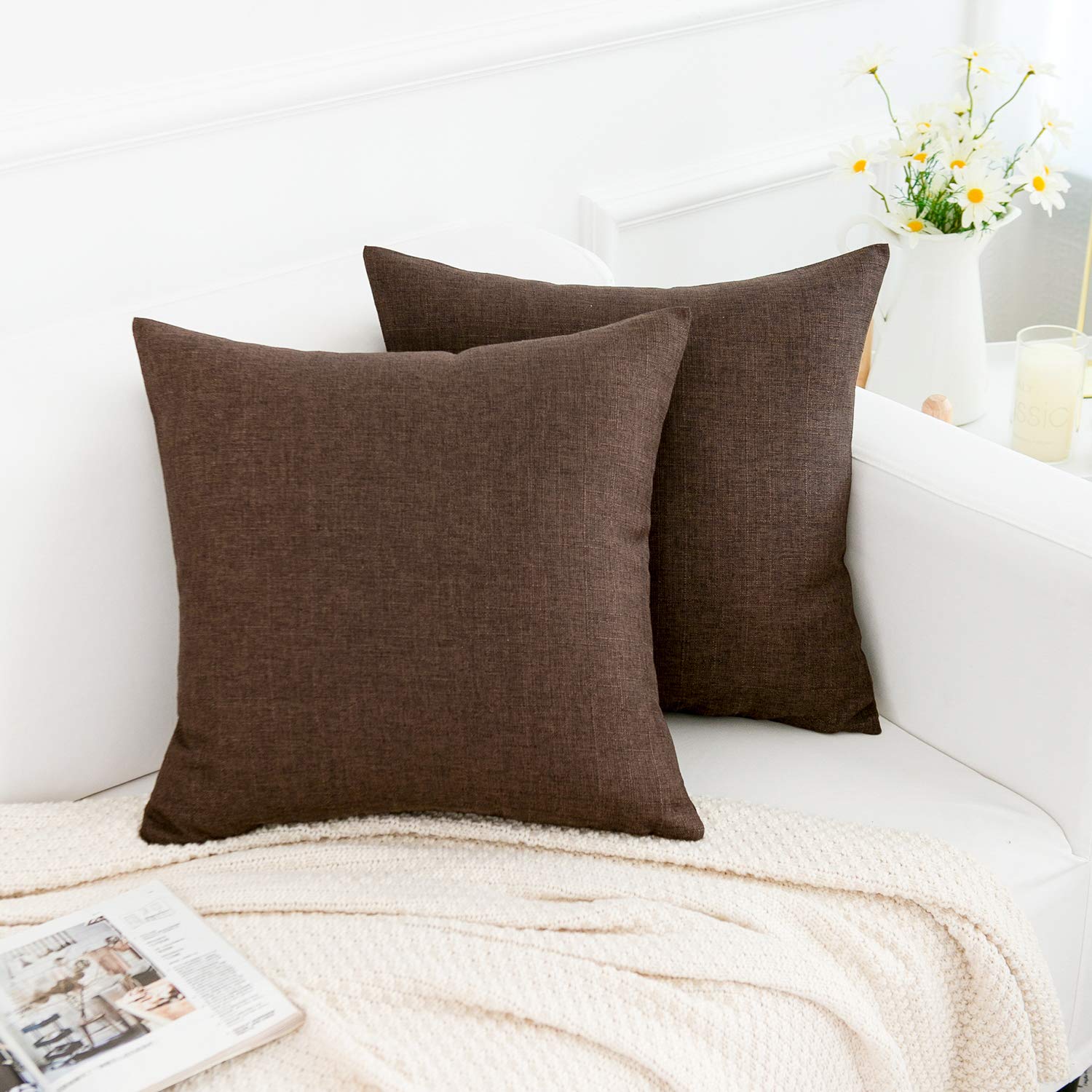 RainRoad Linen Decorative Throw Pillow Covers Cushion Cover Pillow Case for Sofa Couch Bed Chair, Soft Square Dark Brown Throw Pillows 18x18 Inch,Set of 2