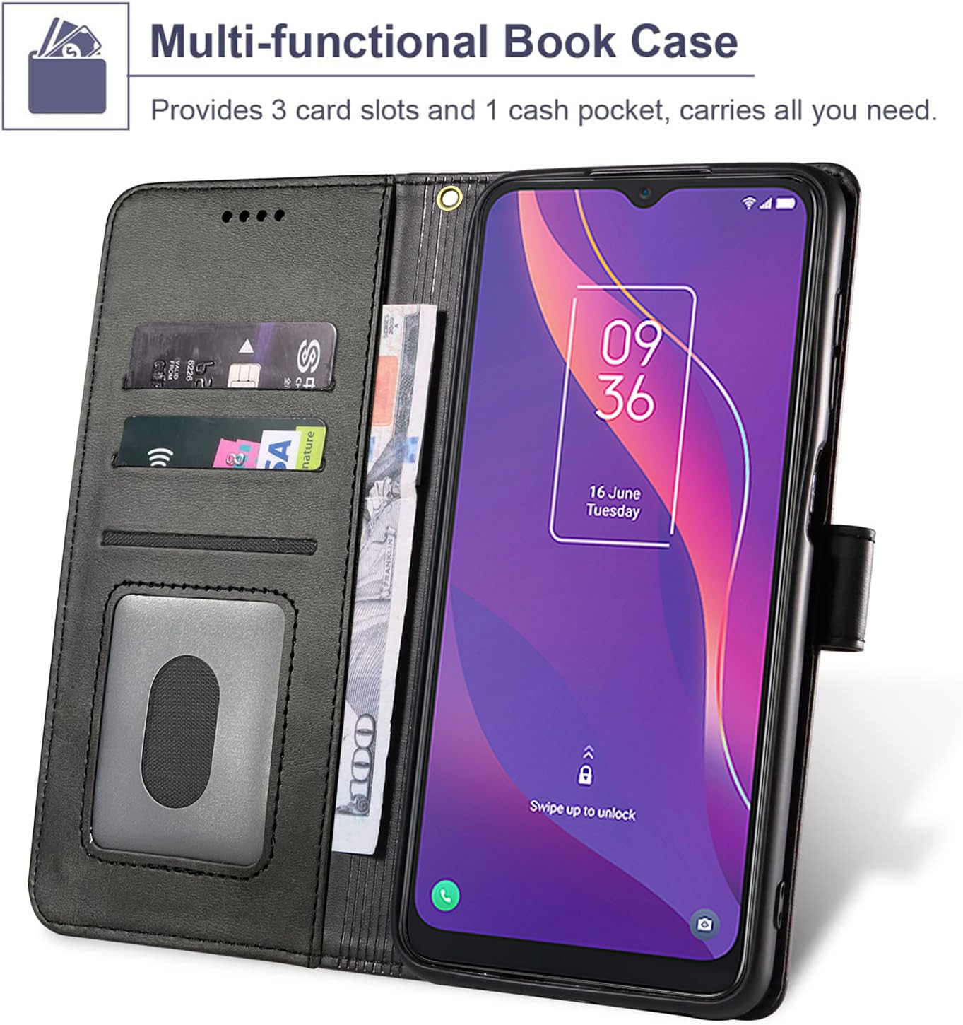HONLEN Custodia per TCL 40 SE Cover, (6.75 Inches) Premium PU Pelle Wallet Magnetica Flip Case con Stampata Mandala, 3 Slot Schede, Stand Cover Nero