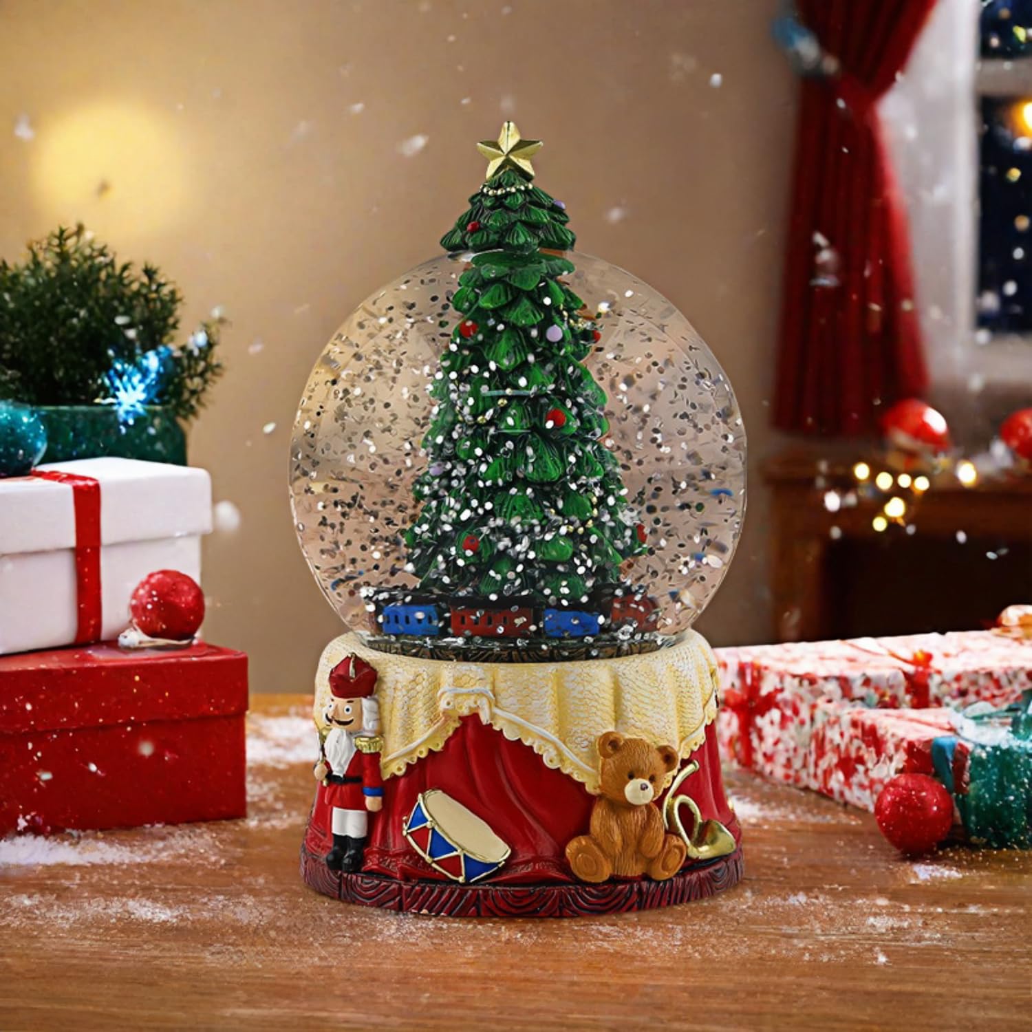 Christmas Snow Globe with Train, Christmas Tree and Toys, Holiday Water Globe Decoration