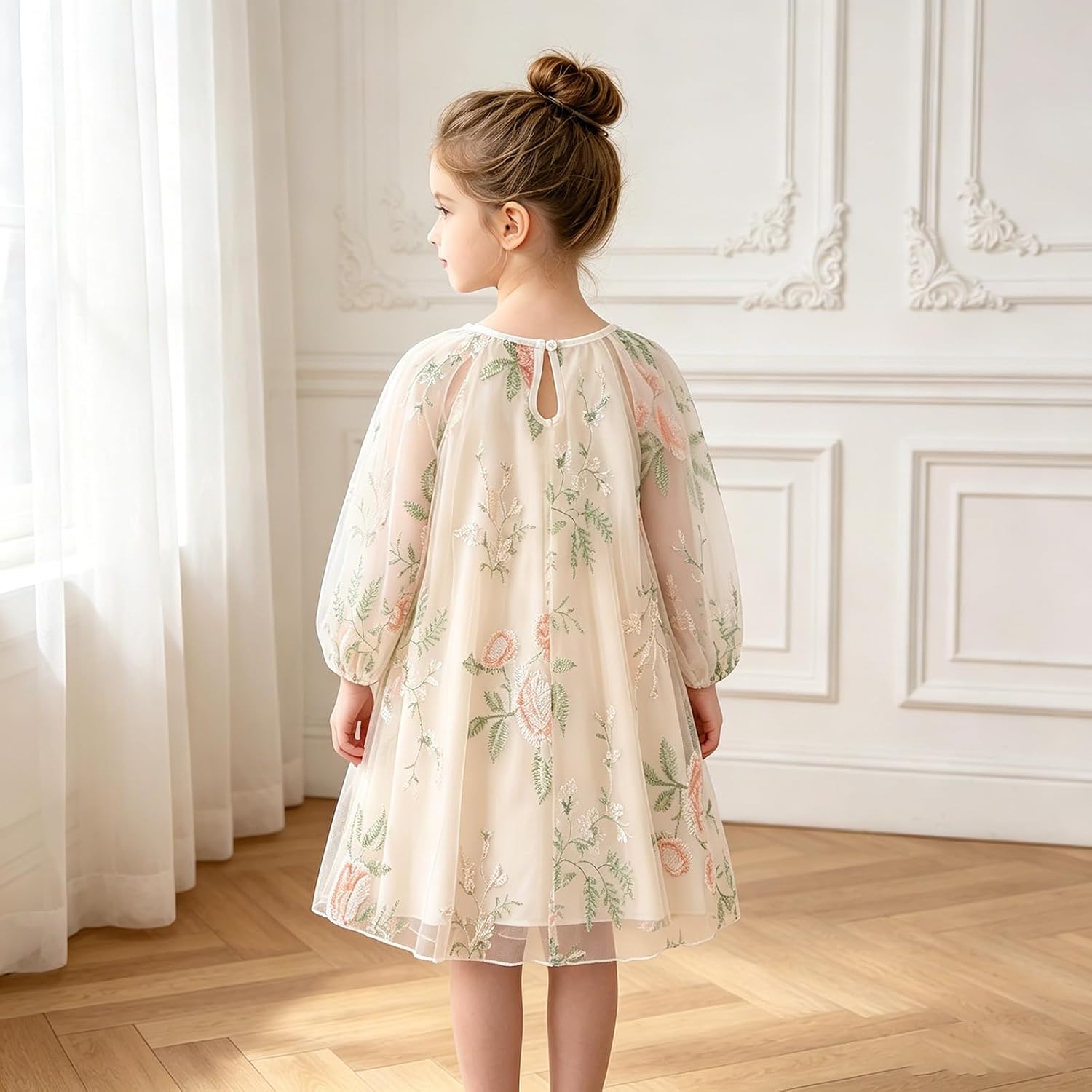 Girls Dress Long Sleeve Tulle Floral Embroidery