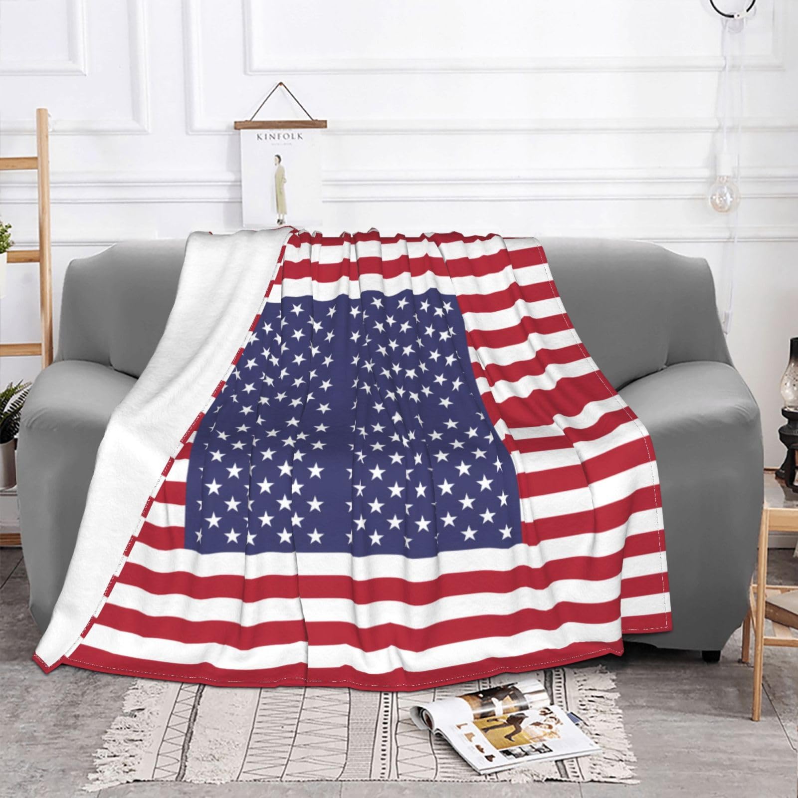 Manta de viaje portátil de 80 x 60 pulgadas, suave, resistente a las arrugas, plegable, exquisito estampado de la bandera estadounidense