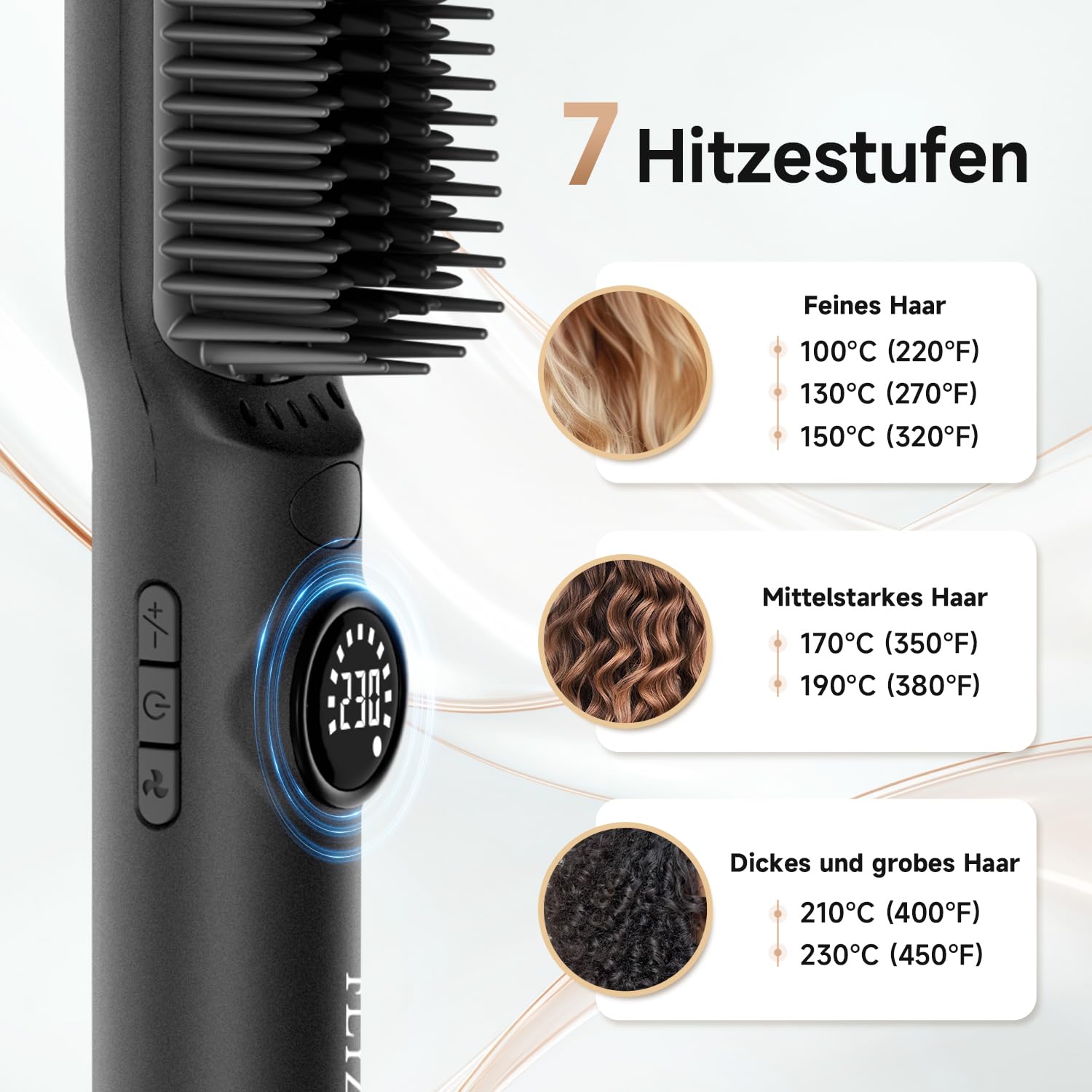 2-in-1-Glättbürste, FLYZEMAA 30s Schneller Keramikerwärmung Schichtete, Verbrühungsschutz Glättungsbürste für Alle Haartypen der Haarglätter bürste, 7 Temperatureinstellungen, LCD-Display, Schwarz