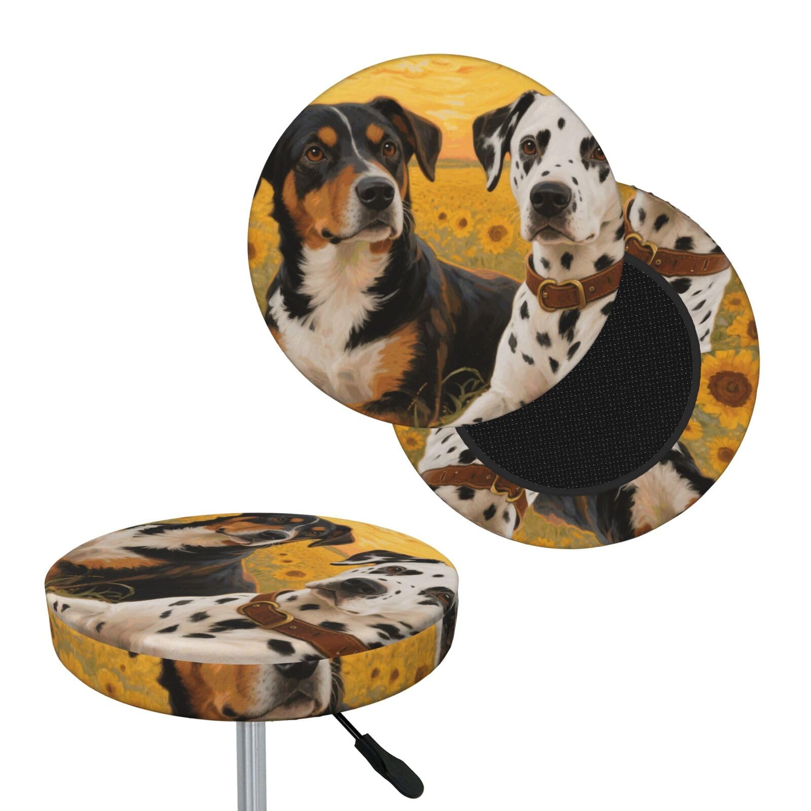 FekiLoot Dog Paint and Sunset Round Bar Stool Covers Stretch Washable Bar Stool Covers Dustproof Slipcover Bar Chair Covers with Elastic Band for Bar Kitchen Living Room Decor 14 Inch
