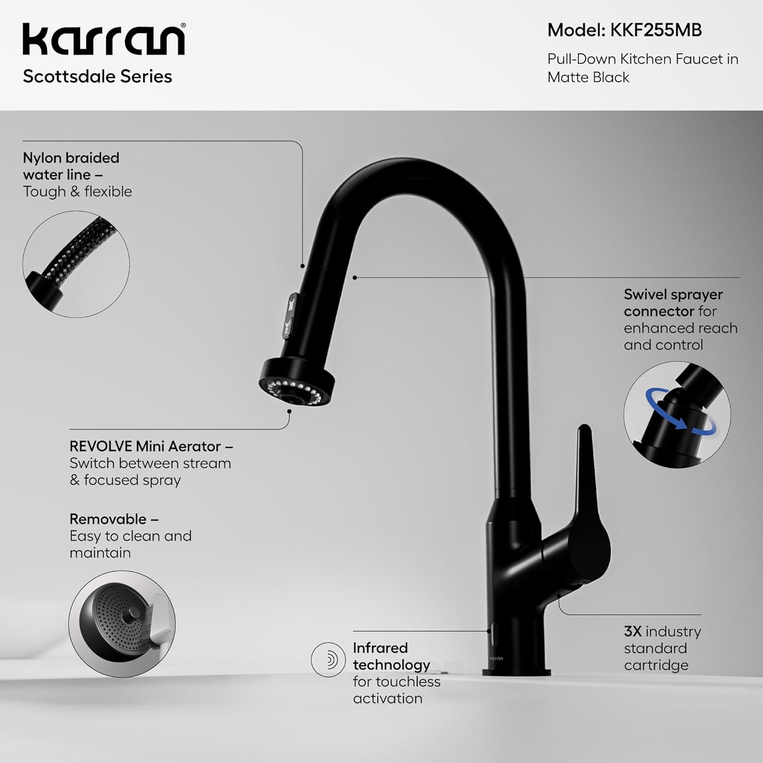 Karran Scottsdale Touchless Pull-Down Kitchen Faucet, Hands-Free Motion Sensor, High-Arc Commercial Style Sprayer, Single Handle (Touchless, Matte Black)