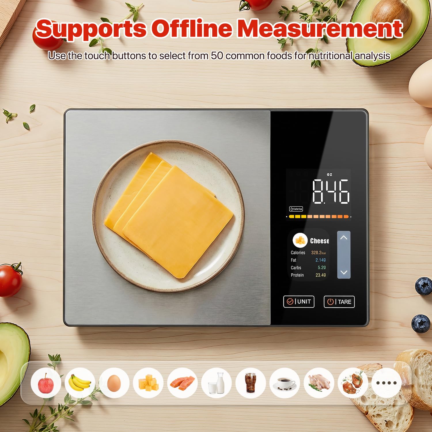 Smart Food Scale with Nutritional Calculator for Kitchen Tracks Calories, Fat, Carbs, Protein & Works with App for Healthy Eating Meal Prep, 50+ Foods & 23 Nutrients Built-in, TFT Display