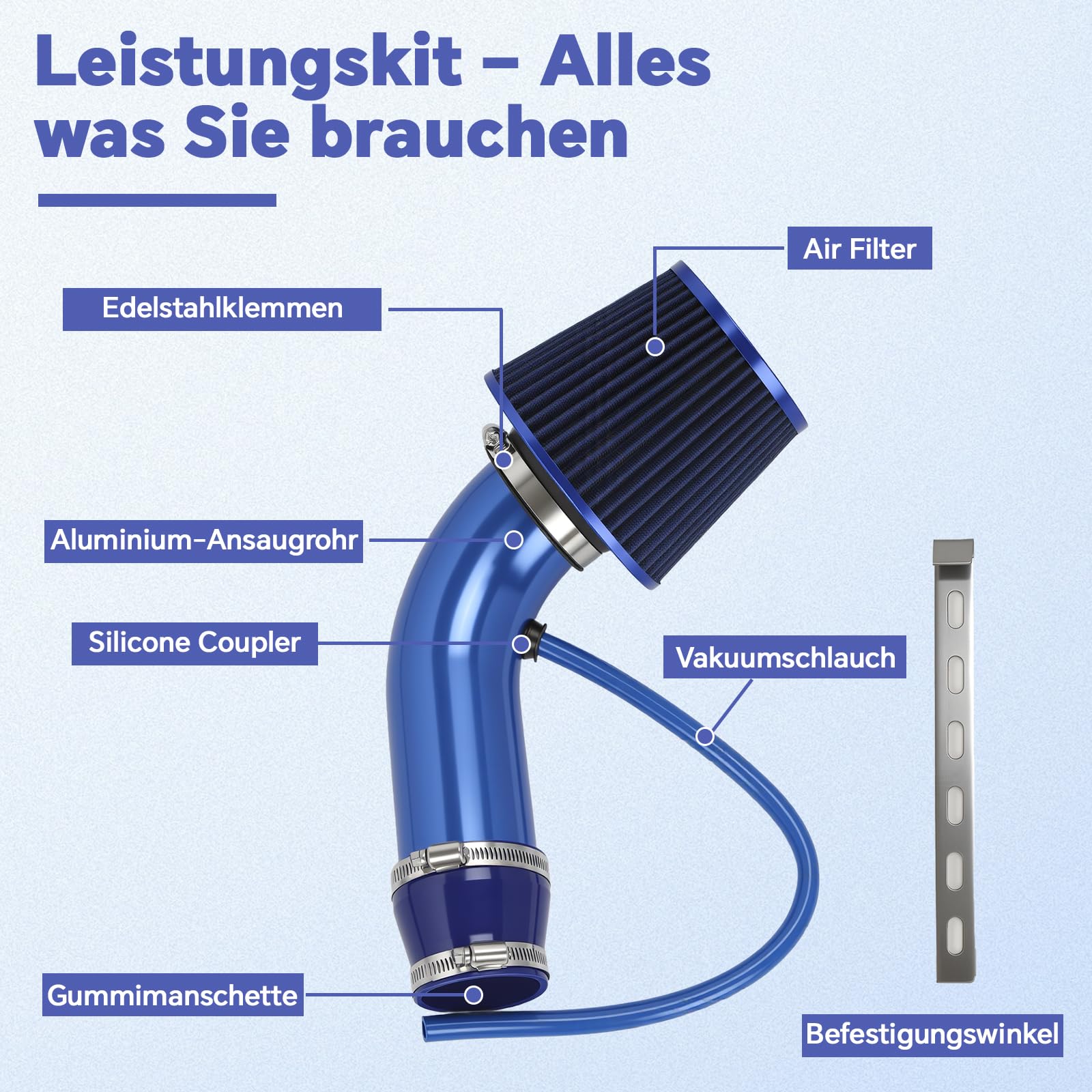 76mm (3") Universal Kaltlufteinlass Kit, Sportluftfilter mit Aluminium-Ansaugrohr & Silikonverbinder, Auto High-Flow Ansaugsystem für Tuning, Blau