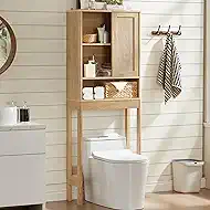 LEYAOYAO Over The Toilet Storage Cabinet with Rattan Sliding Door, 68" Tall Wood Above Toilet Bathroom Organizer w/Adjustable Shelf & Curved Profile, Space Saver Freestanding Washer Shelf, Natural