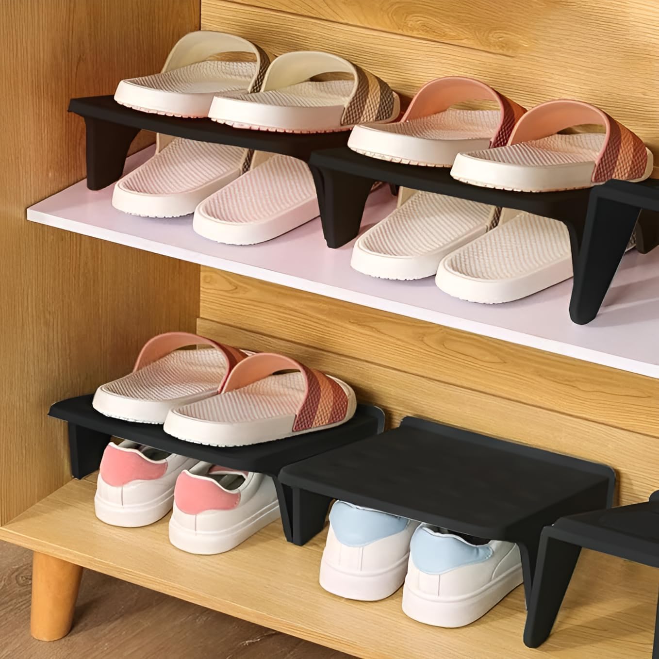 Shoe Organizer for Shoe | Plastic Stacker Slot Space Saver | Double Deck Shoe Holder Adjustable Storage Organiser | Shoe Holder Stand for Wardrobe Storage Slots Organizer (Pack of 4)-image-21