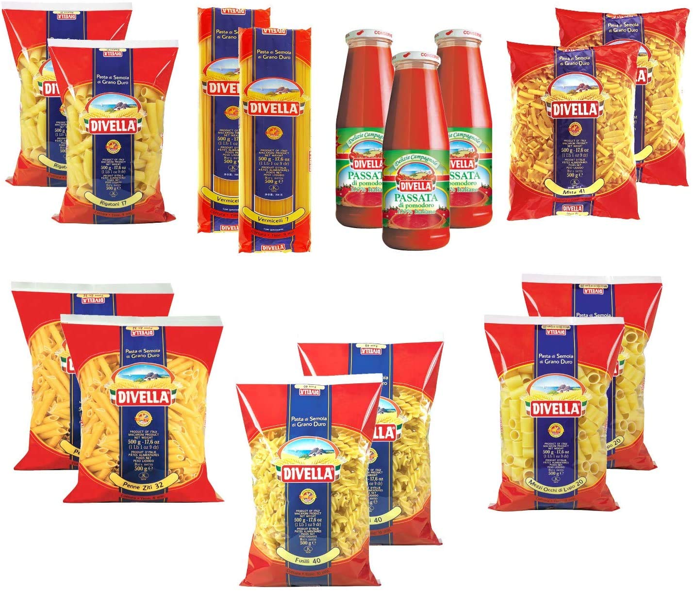 DIVELLA KIT 12 CONFEZIONI DI PASTA DA 500gr (FUSILLI, RIGATONI, PENNE ZITI, VERMICELLI, MISTA, PATERNOSTI RIGATI) + 3 BOTTIGLIE DI PASSATA DI POMODORO DA 640gr