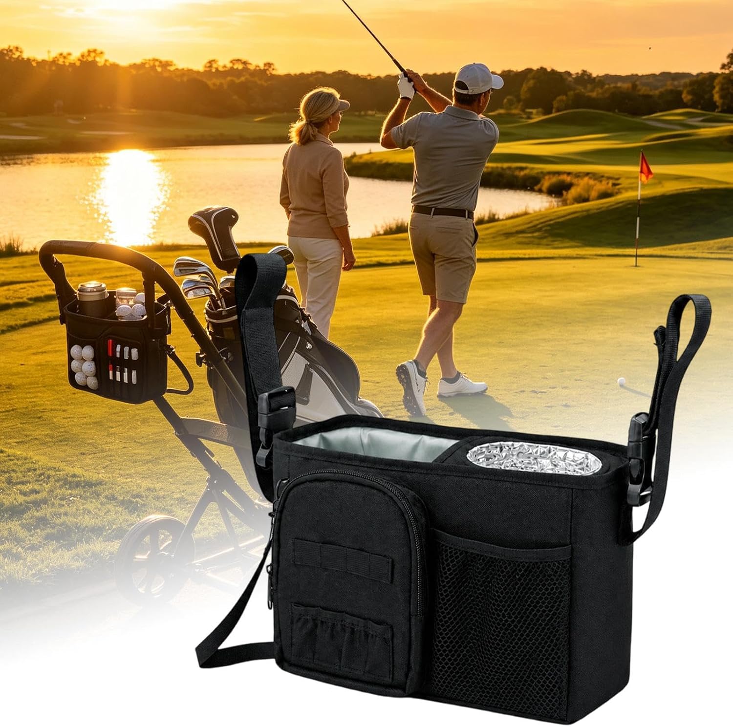 Golf Push Cart Bag Waterproof Multi-Pocket Phone Storage image 3