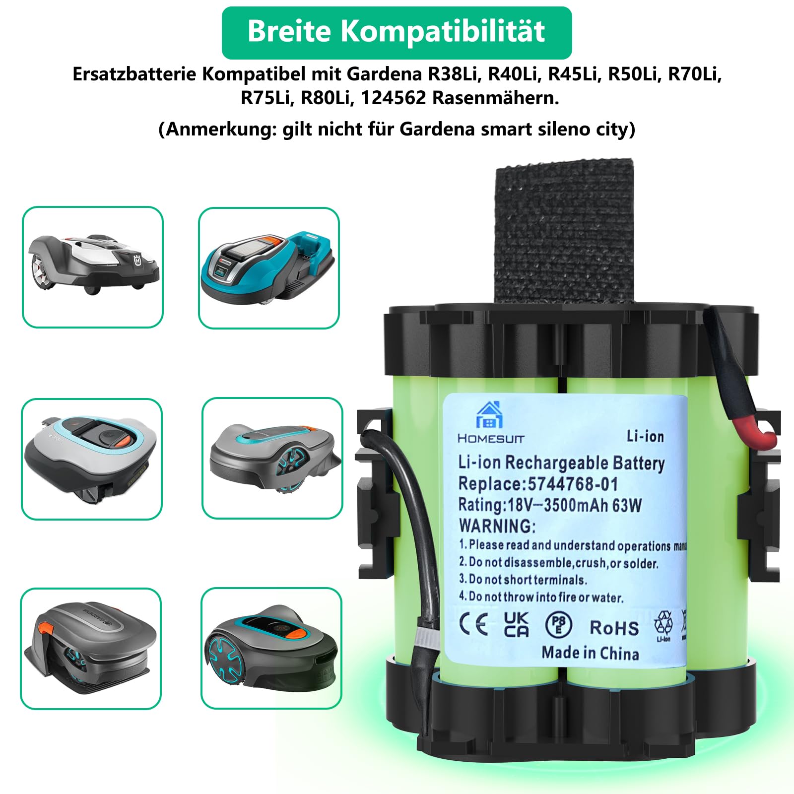 Homesuit 18V 3.5Ah Akku Kompatibel mit Gardena Mähroboter R80Li R75Li R70Li R50Li R45Li R40Li Ersatzakku für Gardena McCulloch ROB R1000 Lithium Batterie für Husqvarna Automatischer Rasenmäher 305 308
