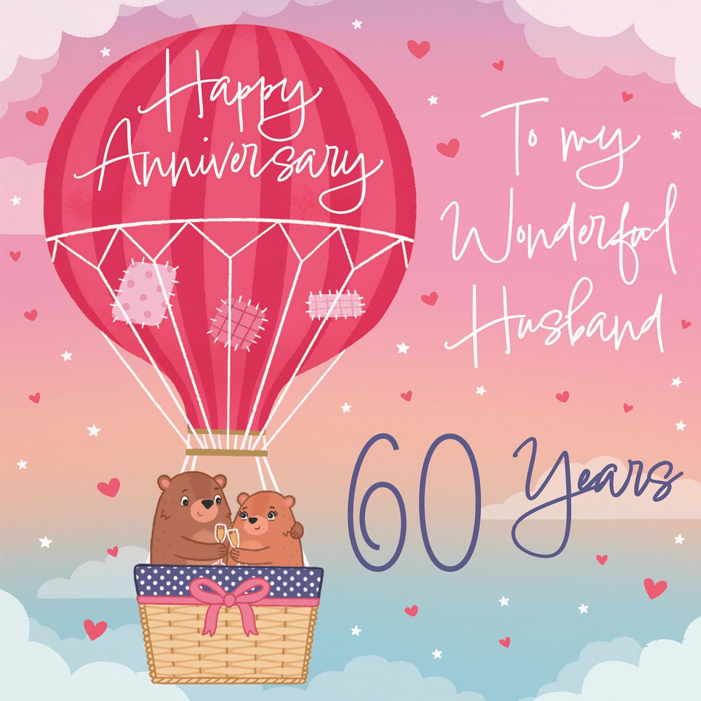 Hunts England, 60th Husband Hot Air Balloon Anniversary Card, Cute Bears Collection, Luxury 60th Anniversary Card For Husband - Image 2