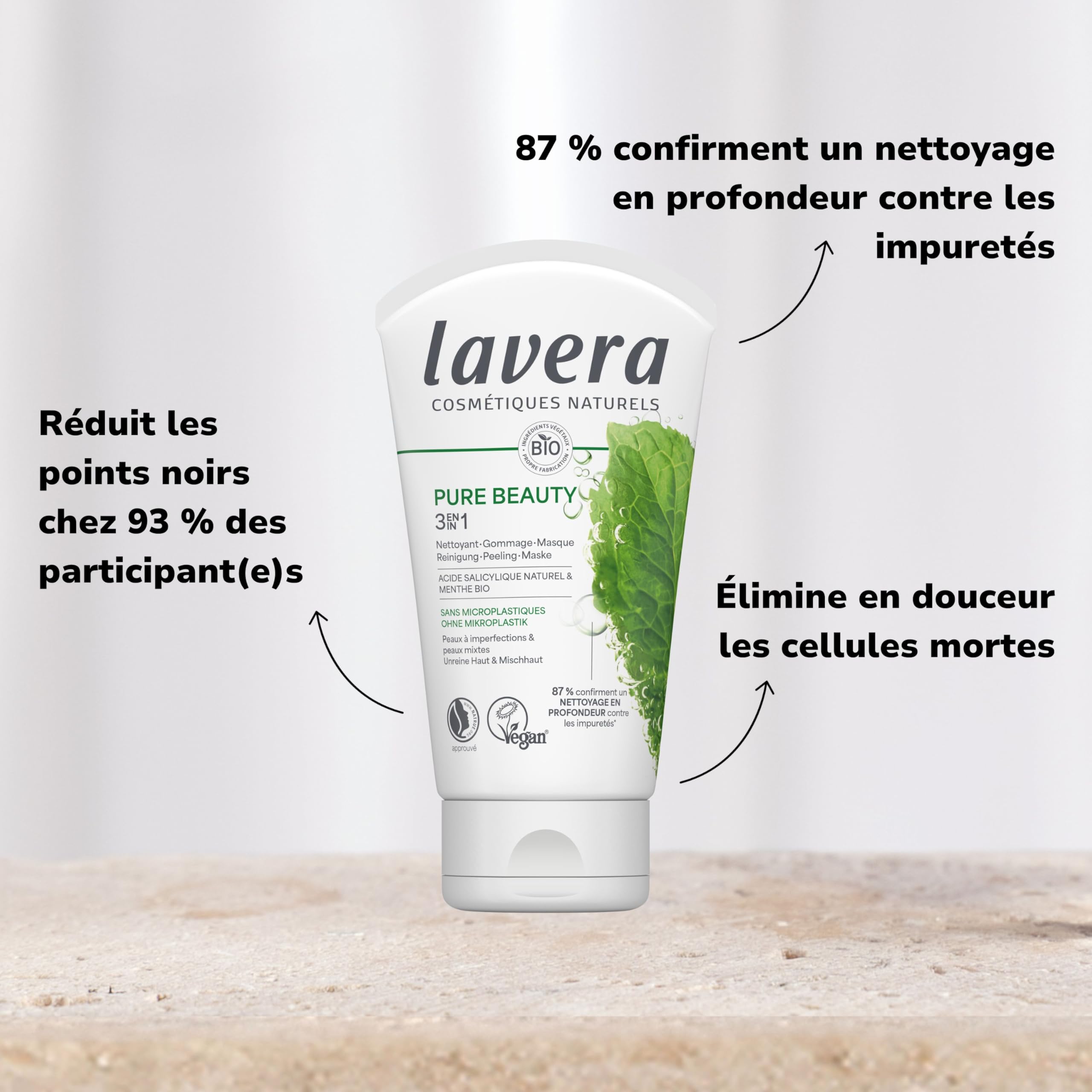 lavera Pure Beauty 3en1 Nettoyant Gommage Masque - Élimine en douceur les cellules mortes - Réduit les points noirs chez 93% des participant(e) s - vegan - 125 ml