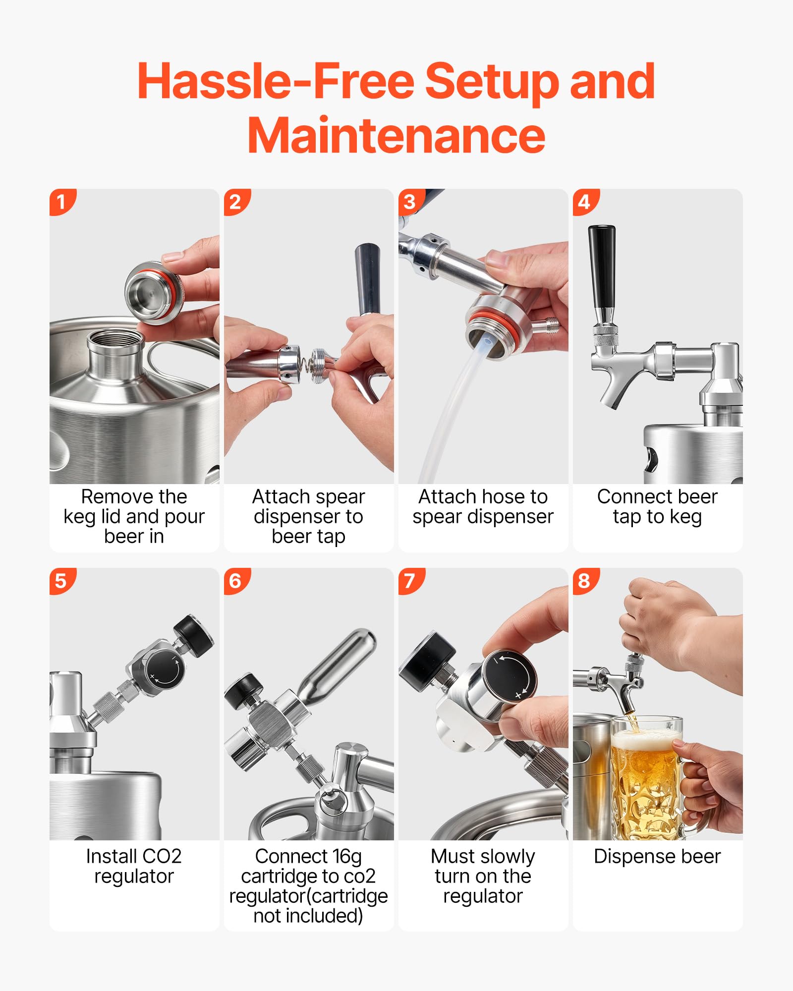 VEVOR Mini Barril Dispensador de Cerveza 1,94 L de Acero Inoxidable 304, Con Regulador de CO₂ y Grifo de Cierre Automático, Compatible con Cartuchos de CO₂ de 16 g (No Incluido), Para Fiesta, Hogar