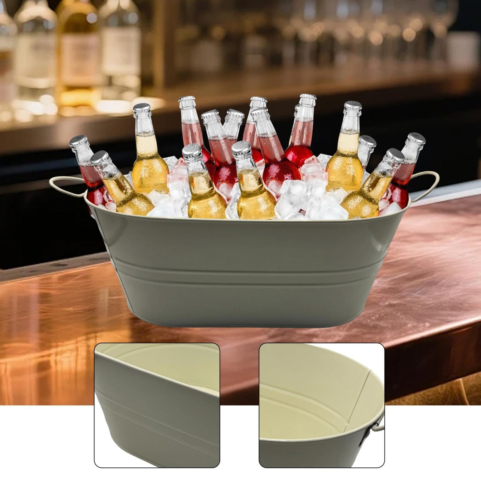 Milageto Seau à Boissons Ovale Galvanisé avec Poignées de Transport, Bac à Boissons Multifonction en Métal, Récipient à Glaçons pour Fêtes, Champagnes, Blanc