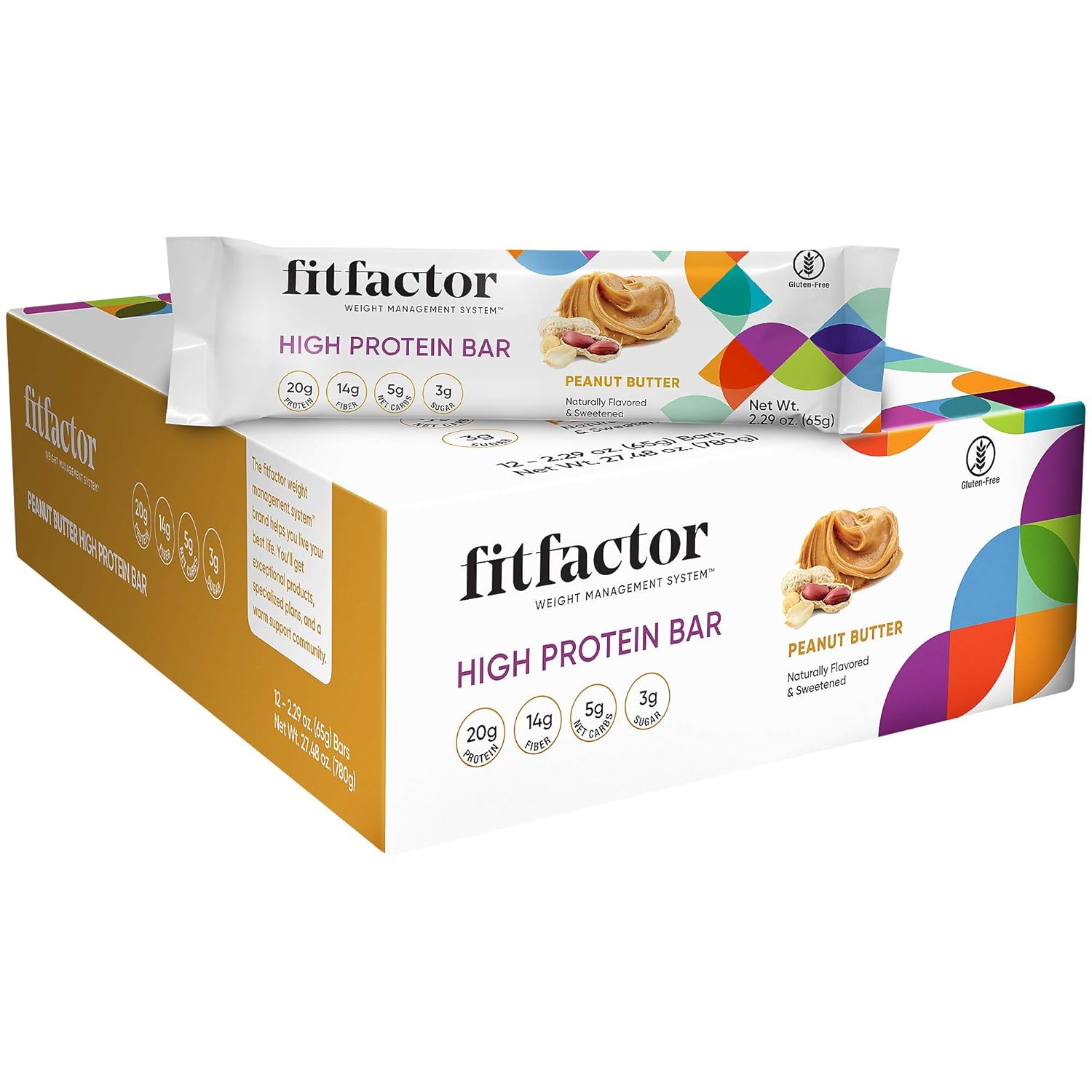 fitfactor High Protein Bar, Weight Management Support, Control Cravings, Peanut Butter (12 Bars)