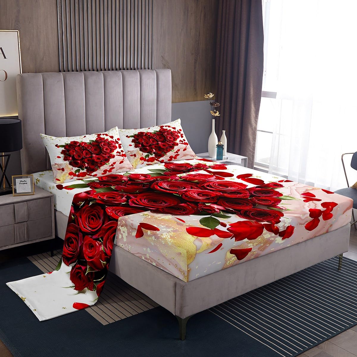 jejeloiu Valentine's Day Sheet Set Queen Size Couple Romantic Rose Floral Flower Sheets with Deep Pocket Fitted Sheet for Girls Women Lover Love Red