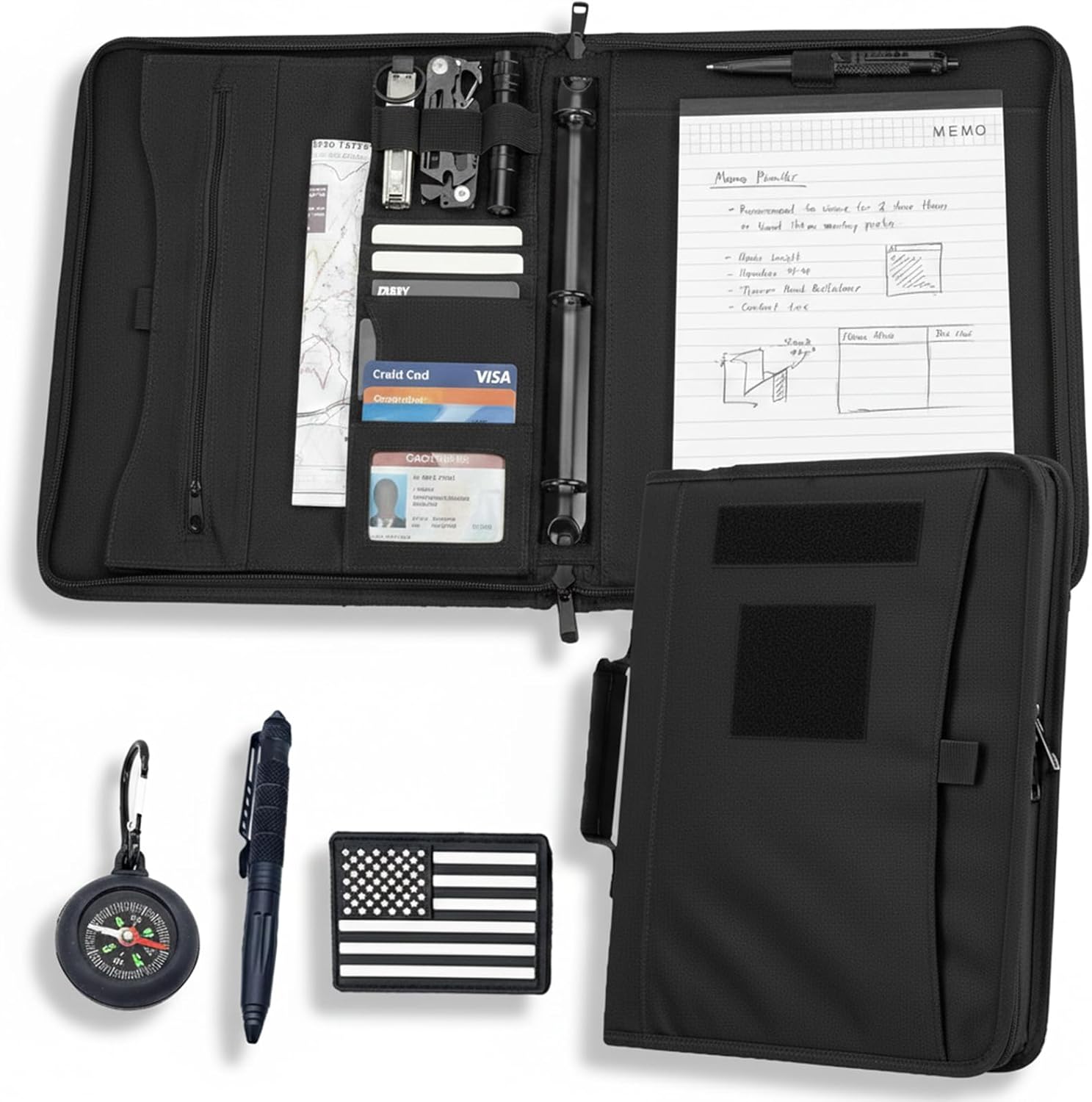 13.6X12Inch Padfolio Portfolio Detachable 3-Ring Binder Planner Tactical Notebook Multi-Storage Zipper Organizer Handle Bag with Tactical Pen，Compass，40 Sheets Paper for Out-Work Office & School