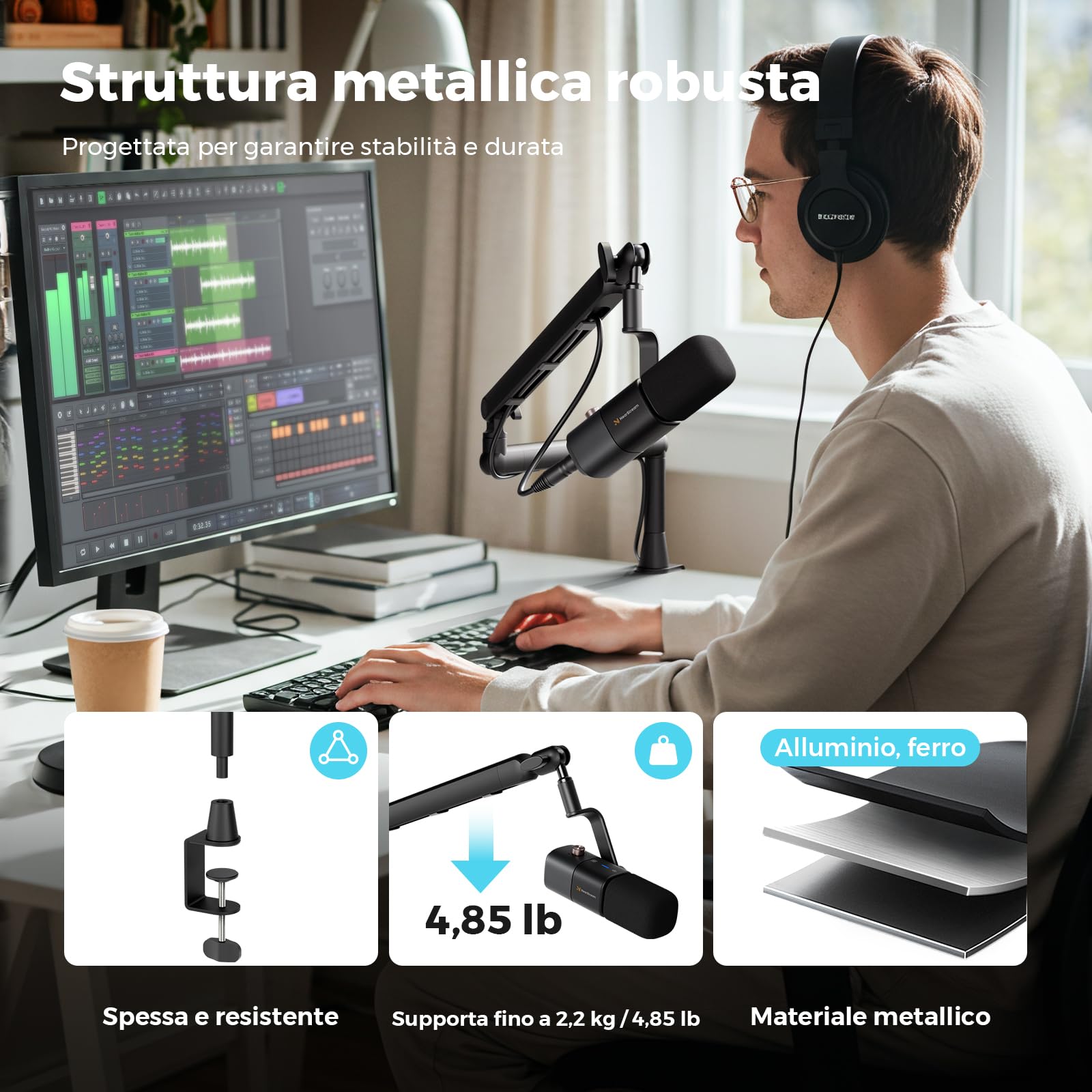 NearStream ST20 Supporto per Microfono con Adattatori 1/4", 3/8" e 5/8", Braccio Microfono Regolabile con Gestione Cavi, Riser 4,5", Montaggio Scrivania per Podcasting, Streaming, Gaming e Home Office