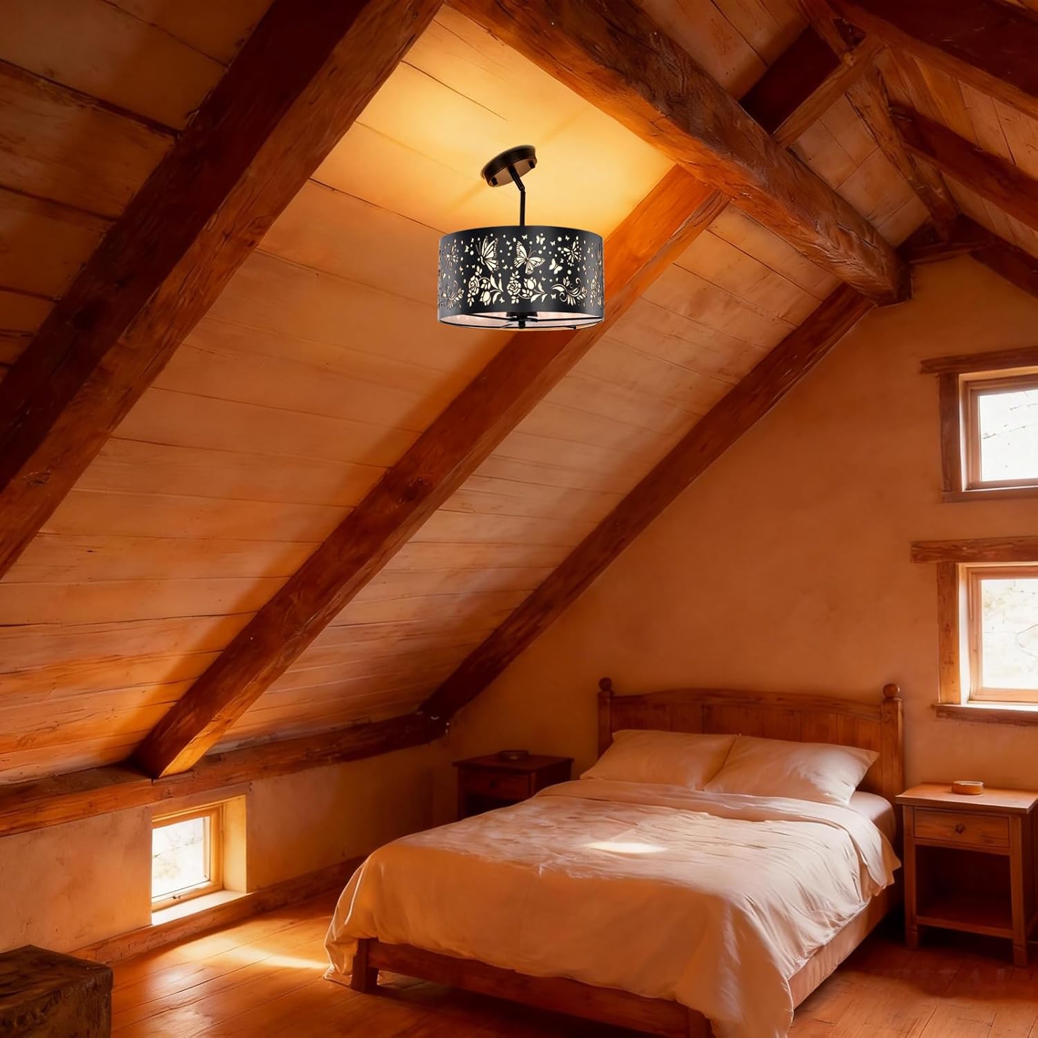 Semi Flush Mount Ceiling Light,White Parchment Metal Rustic Ceiling Light Fixture with Butterfly Design,3-Lights Drum Industrial Black Chandeliers for Dining Room,Kitchen,Bedroom,Cabin,Hallway