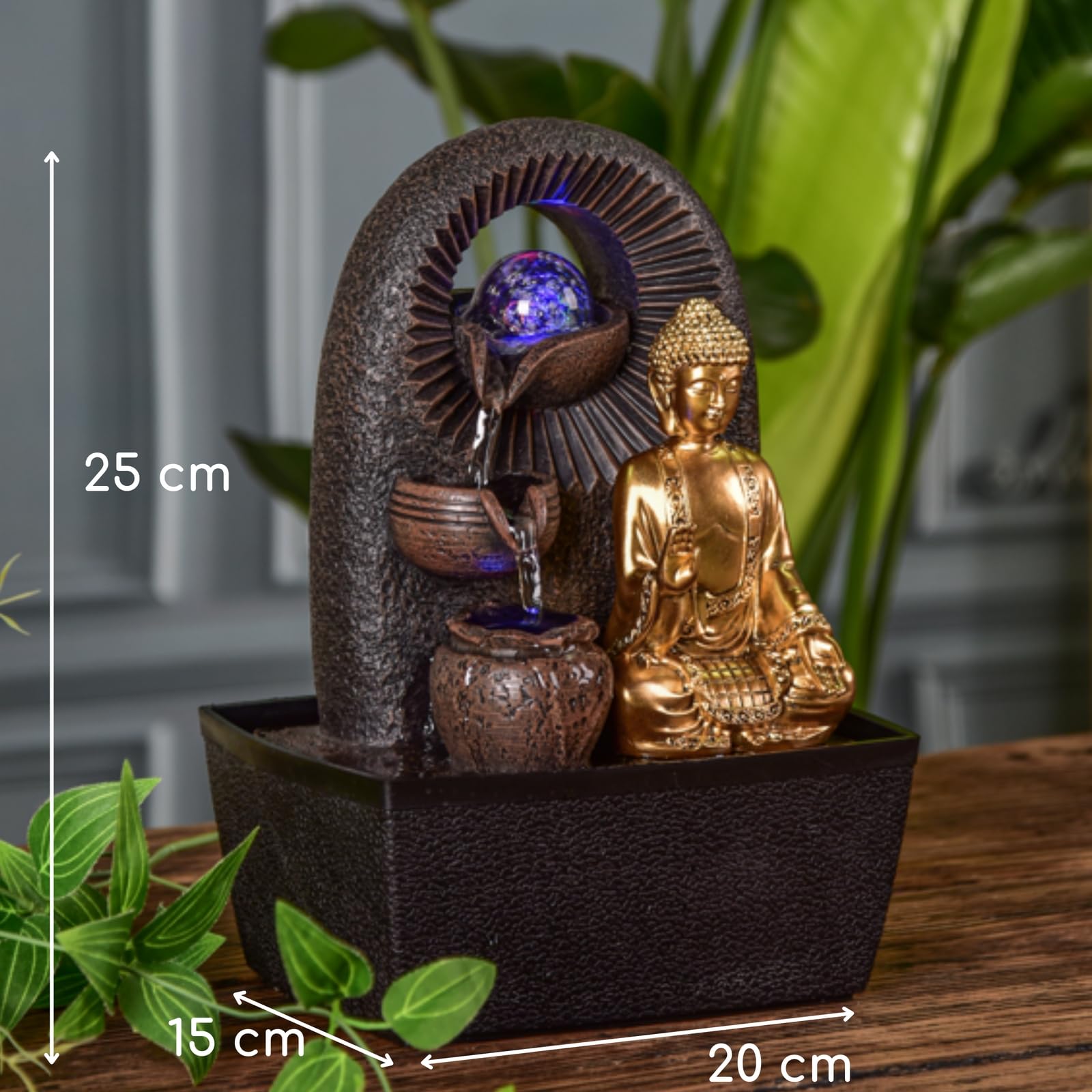 Fontana Buddha Bhava – Fontana interna Buddha rimovibile – Regali – Oggetto decorativo Zen Buddismo – Fontana da tavolo Luce LED – Circuito chiuso – Marrone e Dorato – H 26 cm – Zen'Light