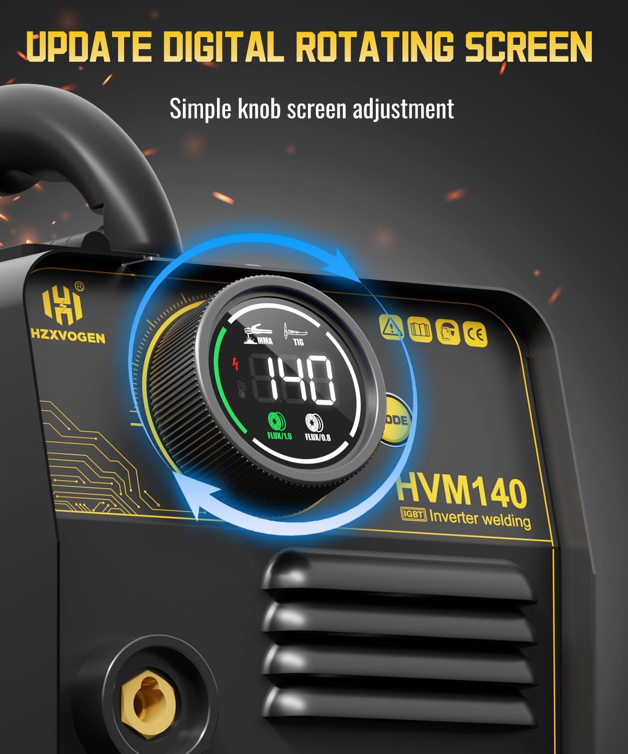 Close-up image of the HVM140 welder's digital rotating screen with a knob for adjustments.