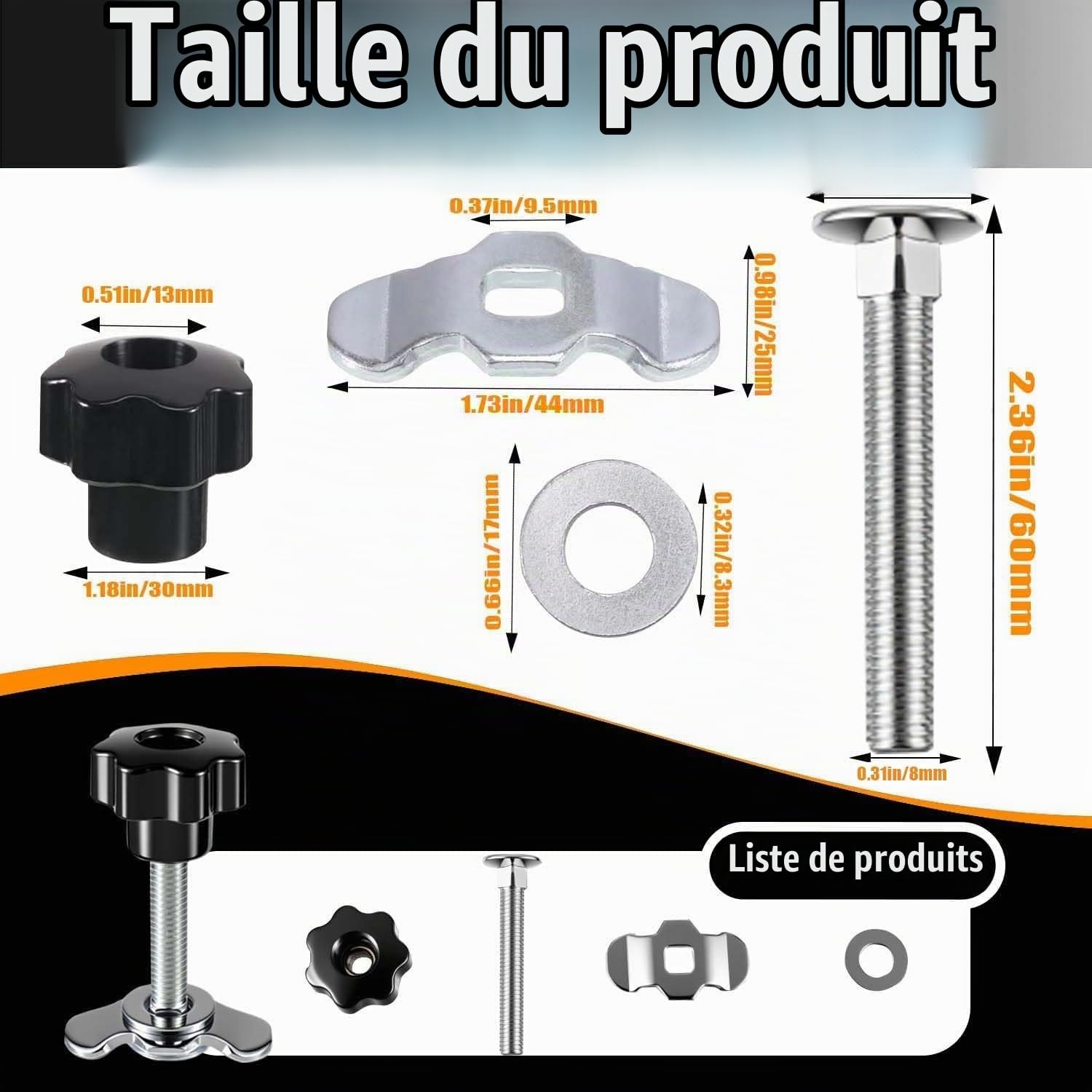 Fixations à vis M8x60 pour Rails d'arrimage, 12 pièces, Noir | fixations à vis avec poignée en étoile pour rails d'arrimage, accessoires pour camping-cars