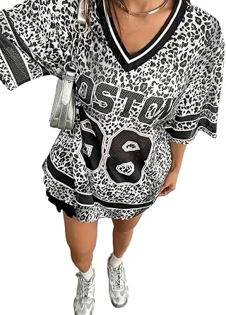 Jersey Shirts for Women Y2k Graphic Number Shirt Oversized V Neck Shirts Casual Streetwear Summer Tops