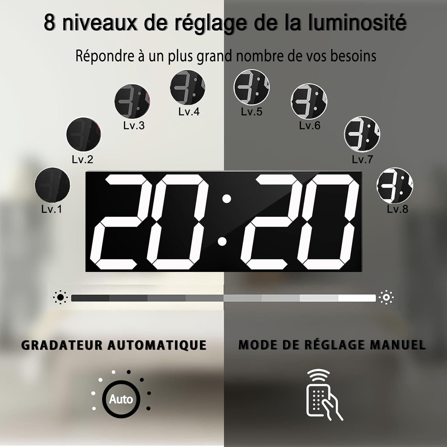 Image showing 8 levels of brightness adjustment for the LED display, from dimmest (Lv.1) to brightest (Lv.8), and an automatic dimmer option.